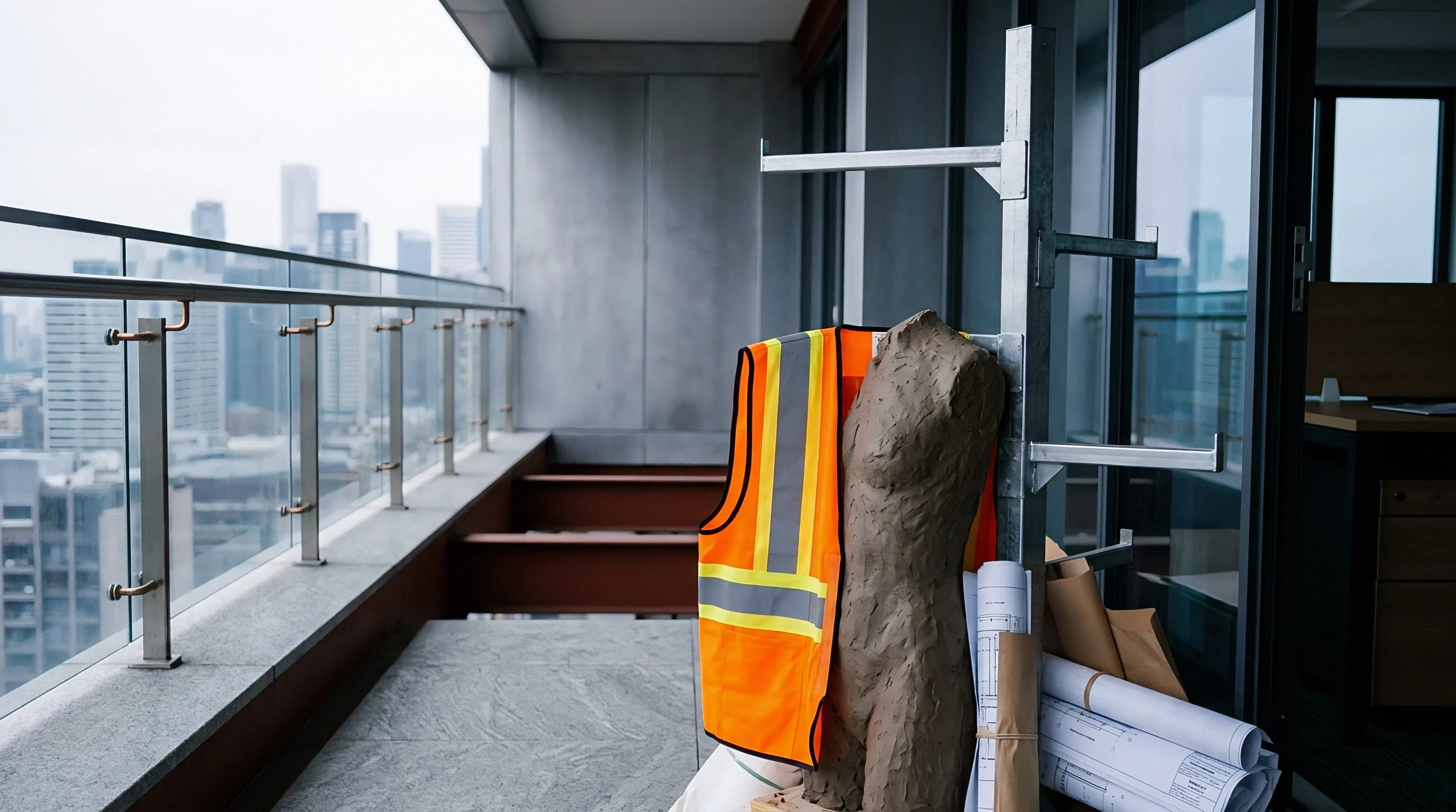 A high visibility safety vest hangs beside an unglazed clay torso sculpture and rolled architectural blueprints on a concrete high rise balcony.