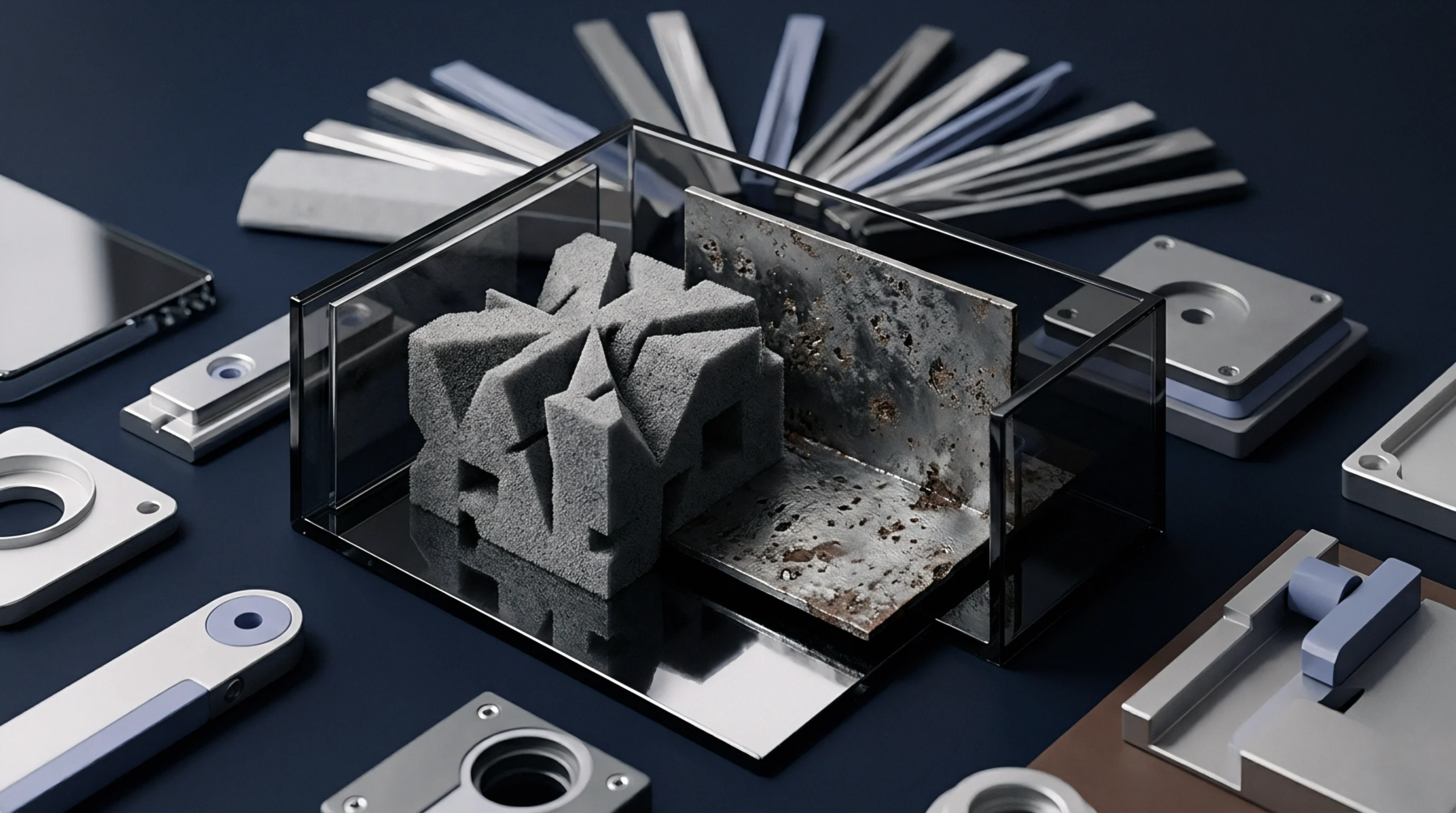 Precision machined aluminum components and finished metal swatch fans surround an acrylic display box holding a porous prototype and a weathered steel plate.