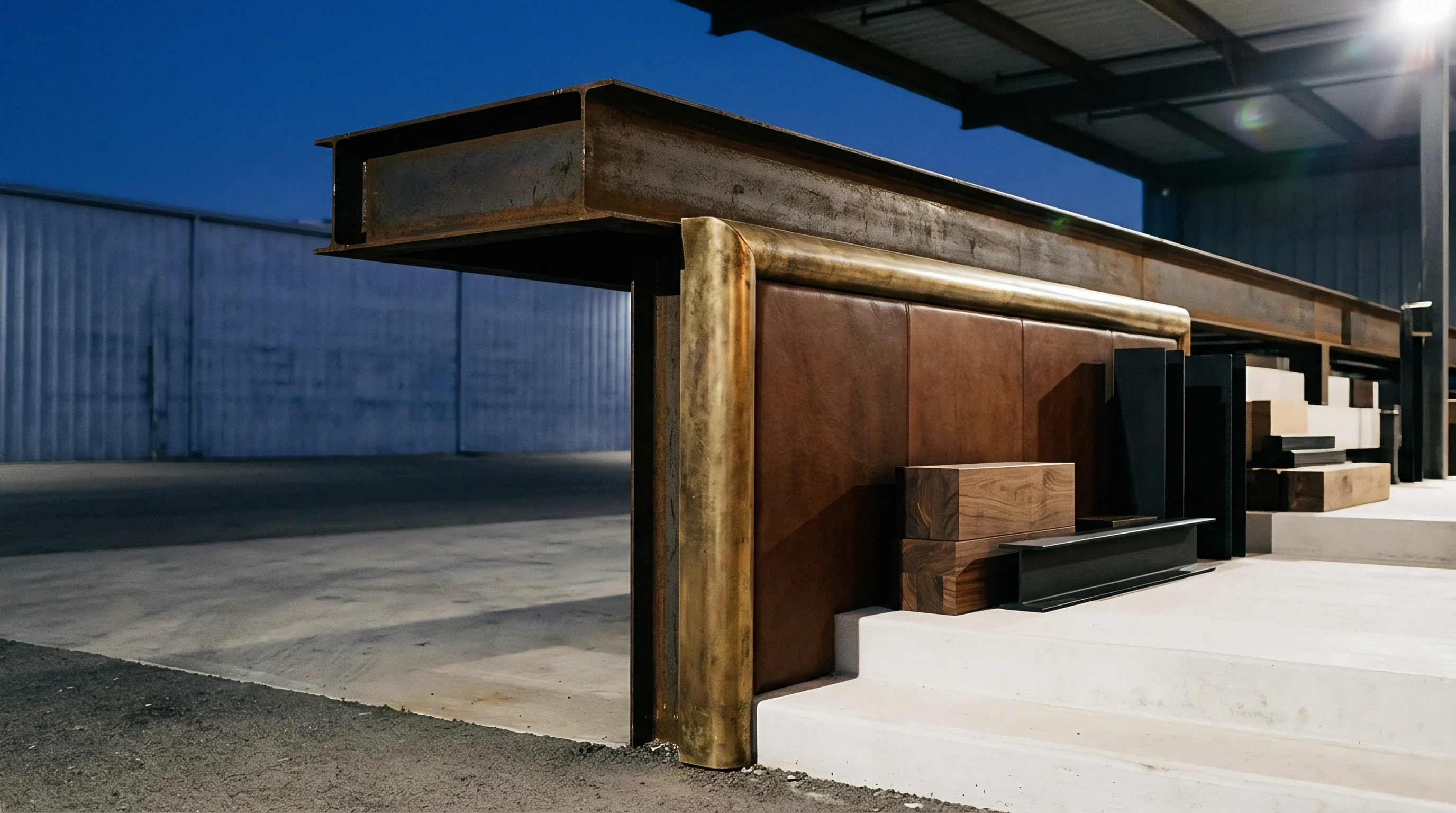 Exposed structural steel beams join custom leather paneling and polished brass fixtures within a large industrial manufacturing facility.