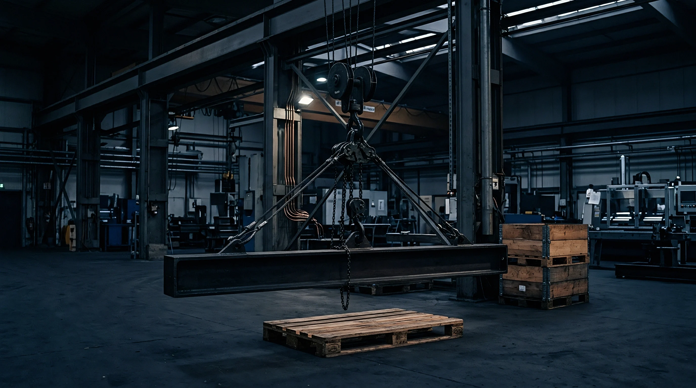 An overhead crane lifts a heavy steel girder above a wooden pallet within the open floor of a large industrial manufacturing facility.