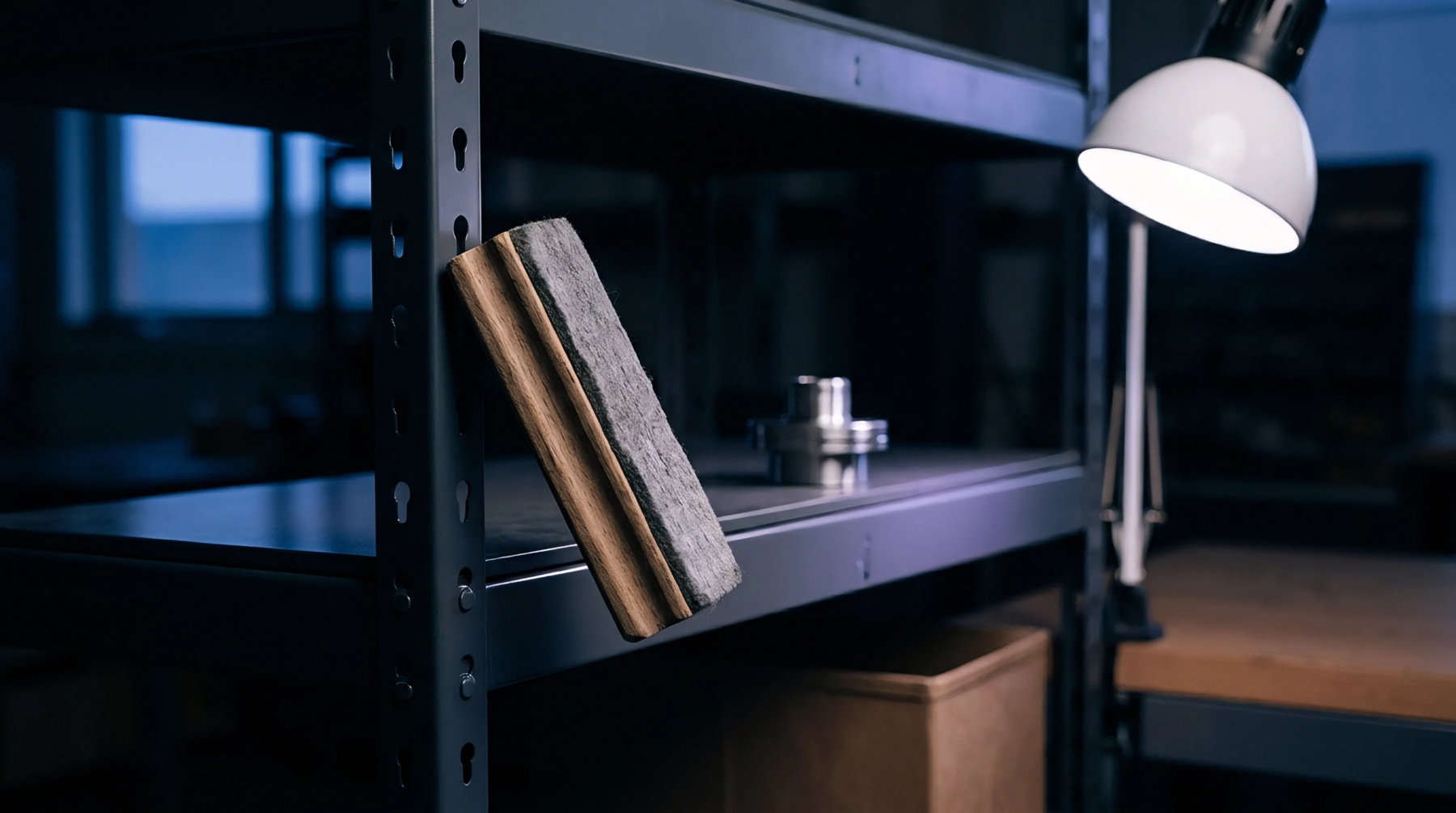 A machined metal component rests on a dark steel shelf next to a wooden block eraser in an industrial workshop.