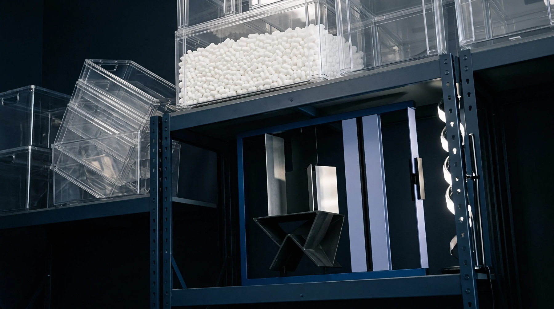 Industrial shelving units hold multiple clear plastic containers filled with uniform white manufacturing components and empty storage bins.