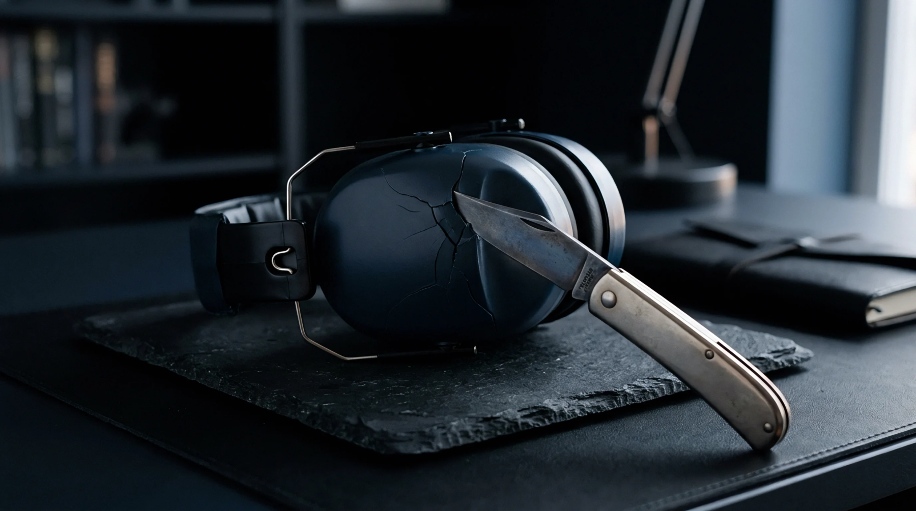 A render depicts industrial earmuffs with a deep crack penetrated by a knife, situated on a dark textured surface.