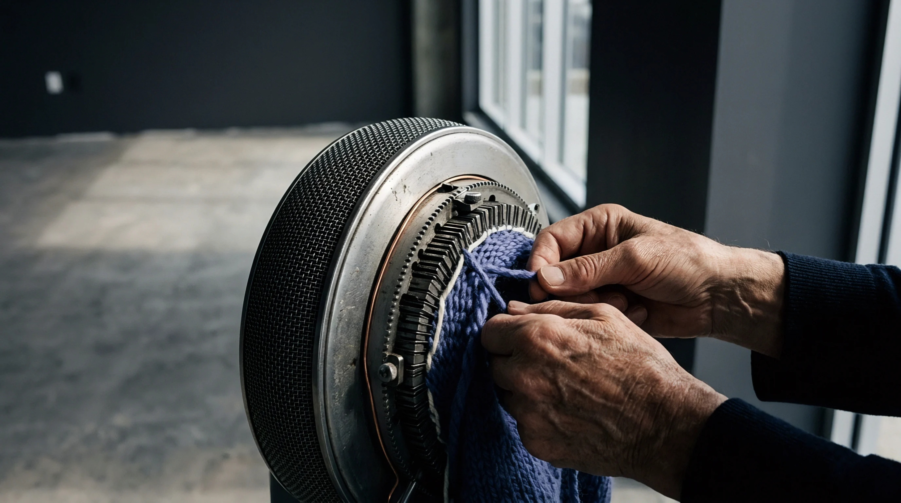 An operator uses a circular linking machine to assemble a blue knitted garment in a bright production workshop.
