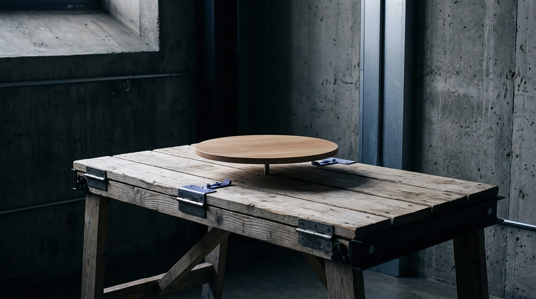 A heavy timber workbench fitted with large metal hinges supports a central rotating platform in an industrial workshop against concrete walls.