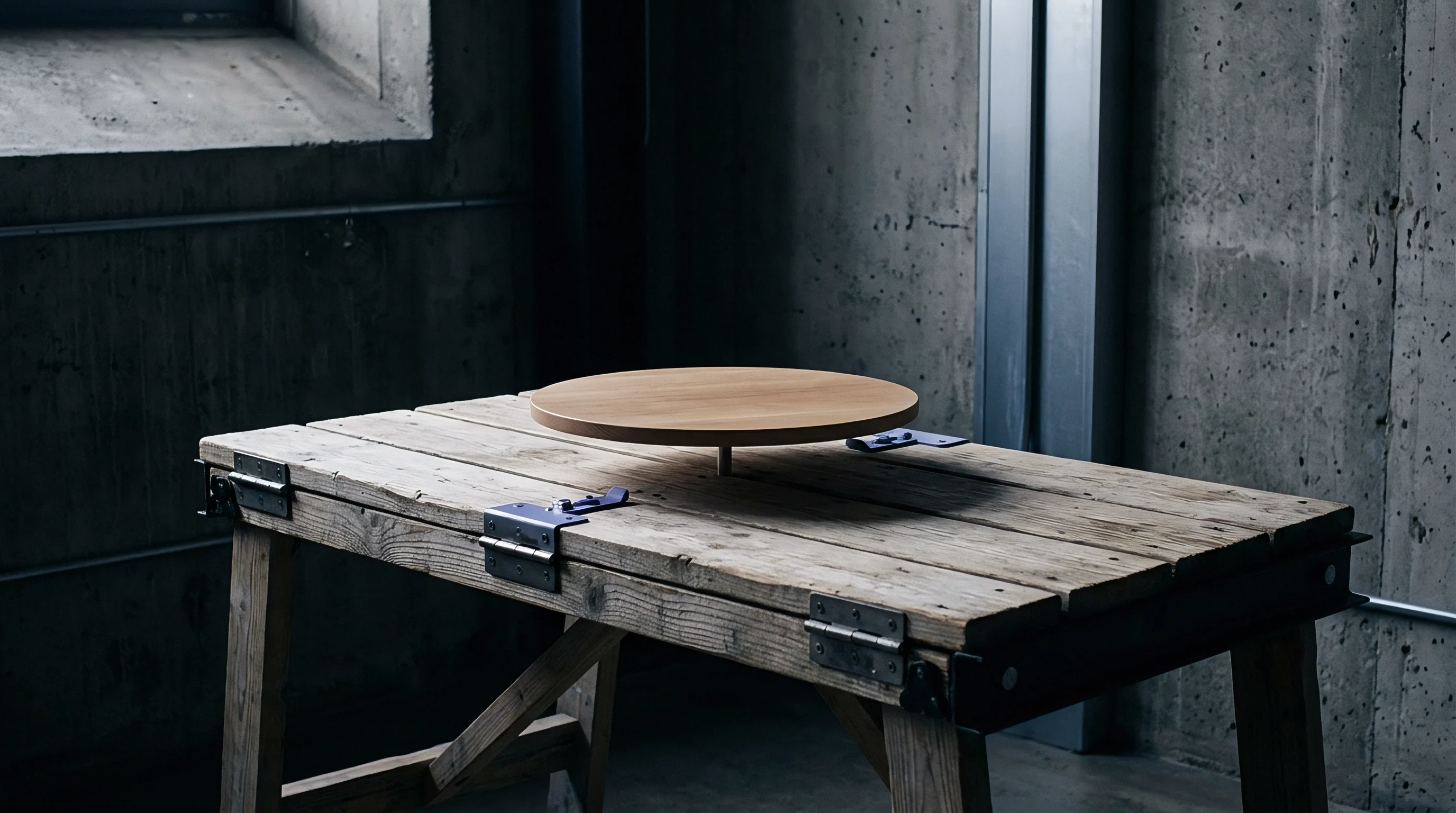 A heavy timber workbench fitted with large metal hinges supports a central rotating platform in an industrial workshop against concrete walls.