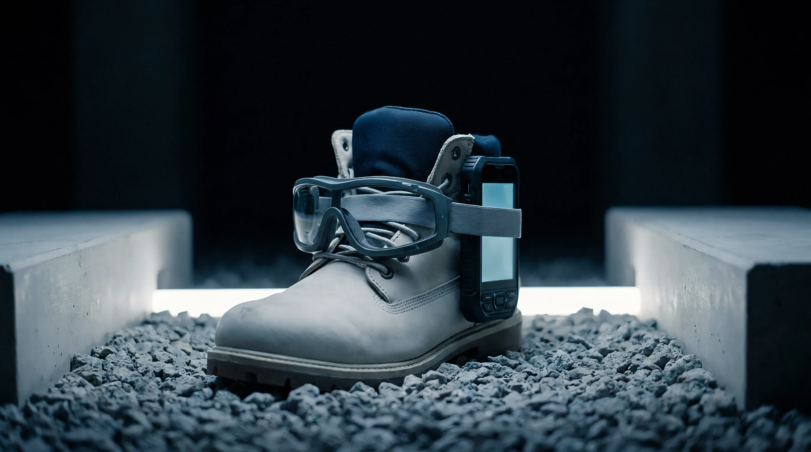 A gray safety boot fitted with protective goggles and a strapped rugged mobile computer sits on loose gravel between concrete blocks.