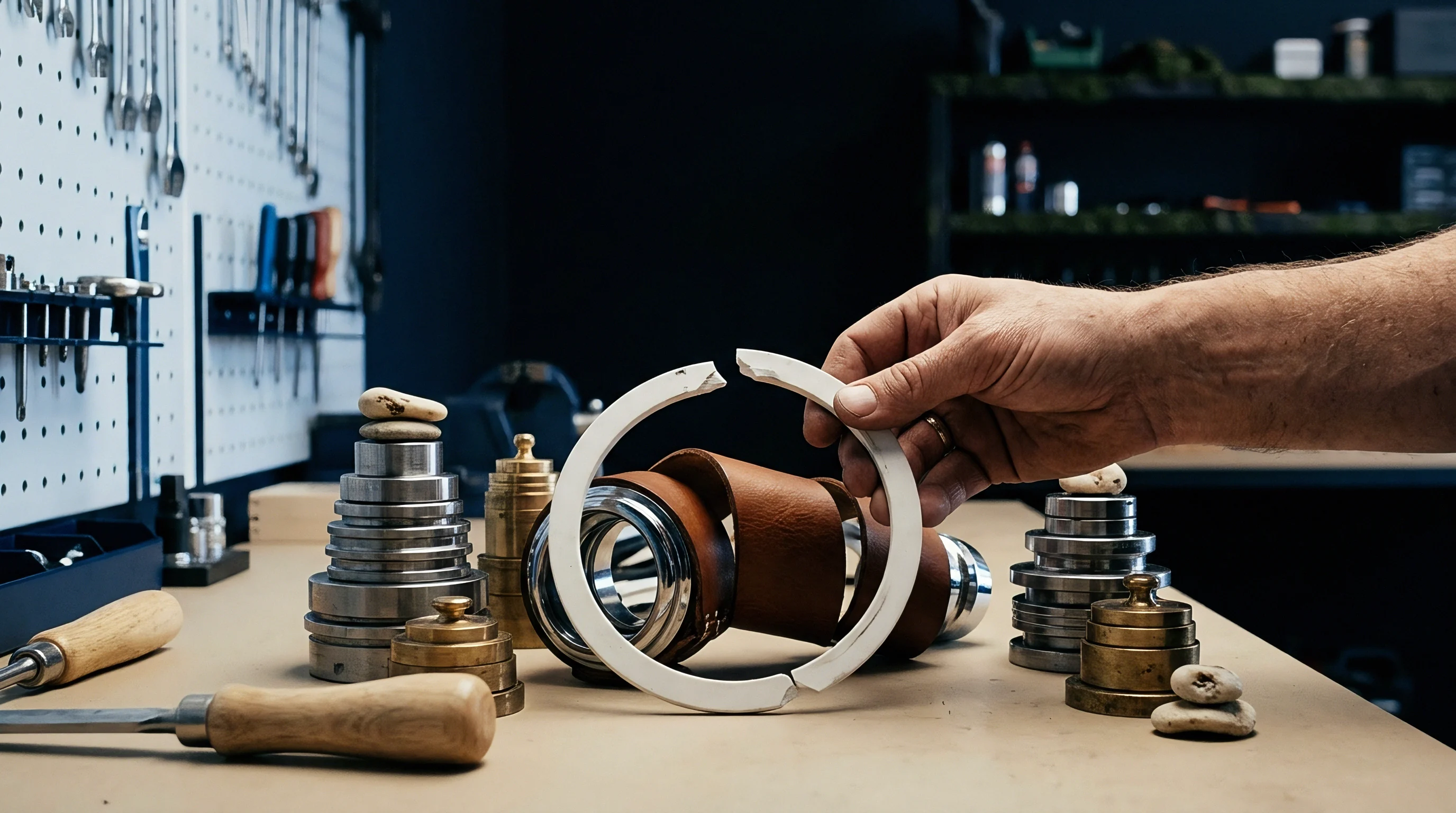 A hand holds a fractured white ring above a workbench containing stacked metal spacers a leather strap and specialized hand tools.