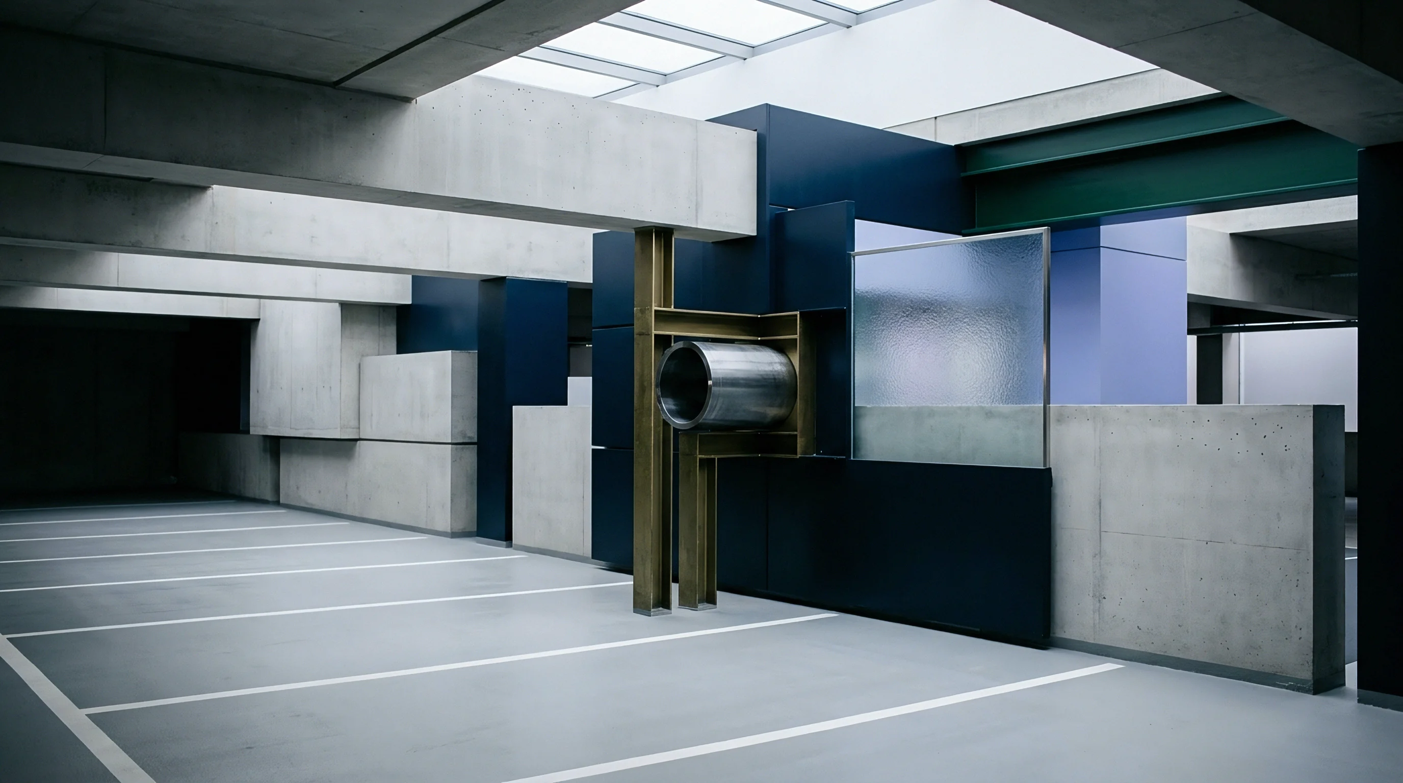 Reinforced concrete supports and metallic industrial modules integrate with translucent dividers within a spacious grey facility used for manufacturing logistics.