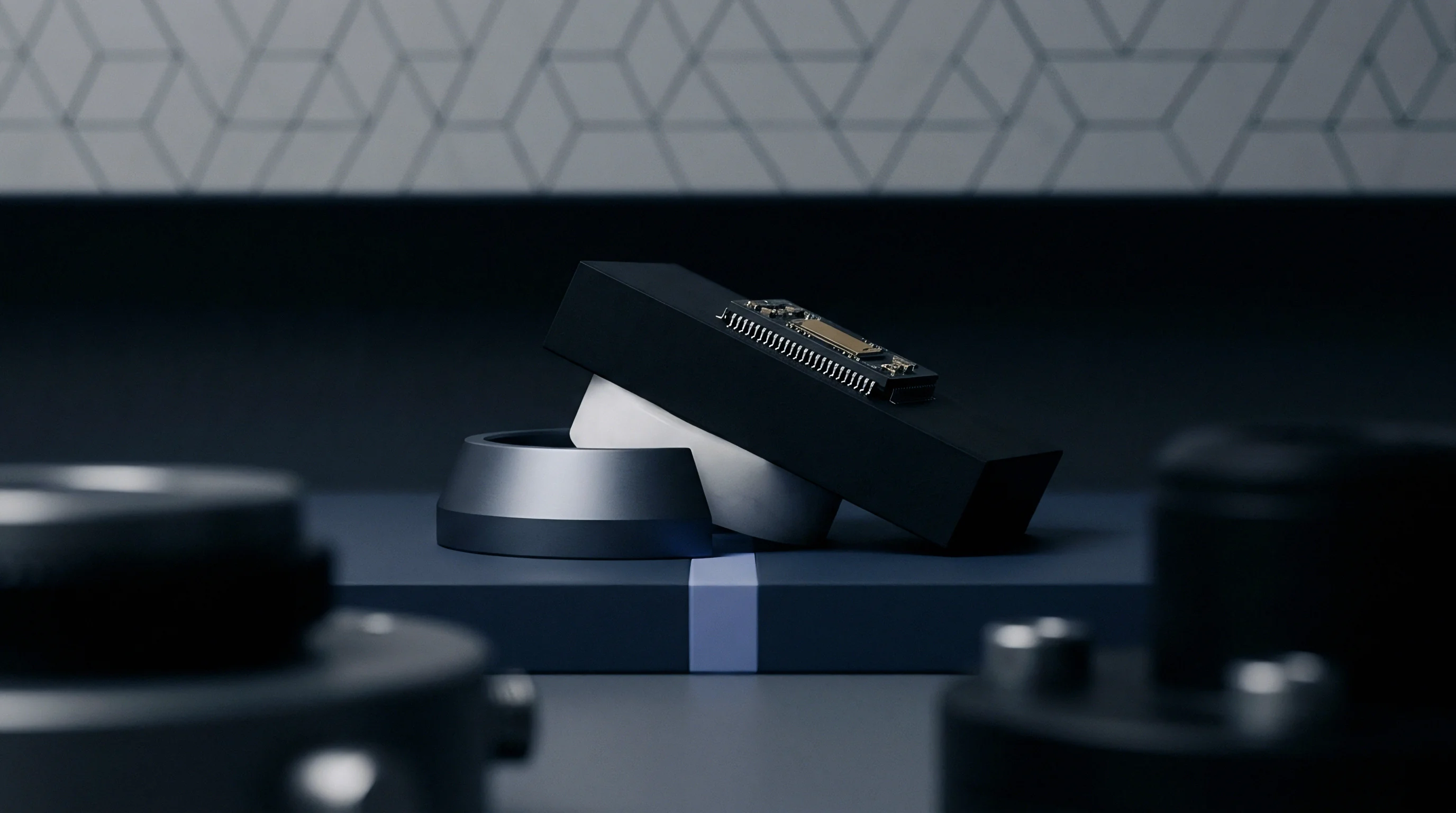 A rendered high precision electronic assembly rests on a flat base between out of focus machined hardware in a controlled industrial space.