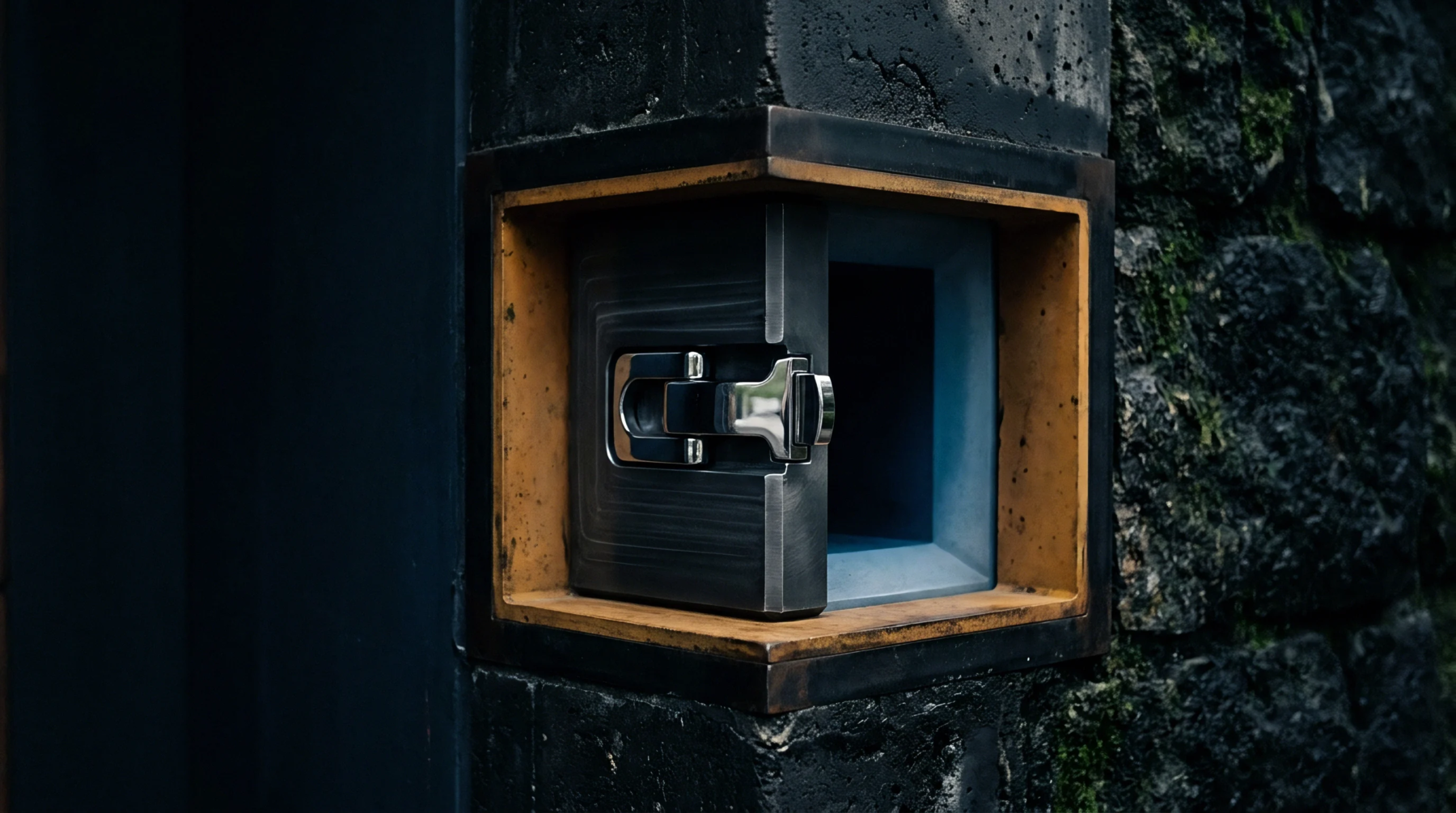 Polished steel latch assembly fits flush into a dark stone corner cavity marking secure access points for robust industrial facility infrastructure.