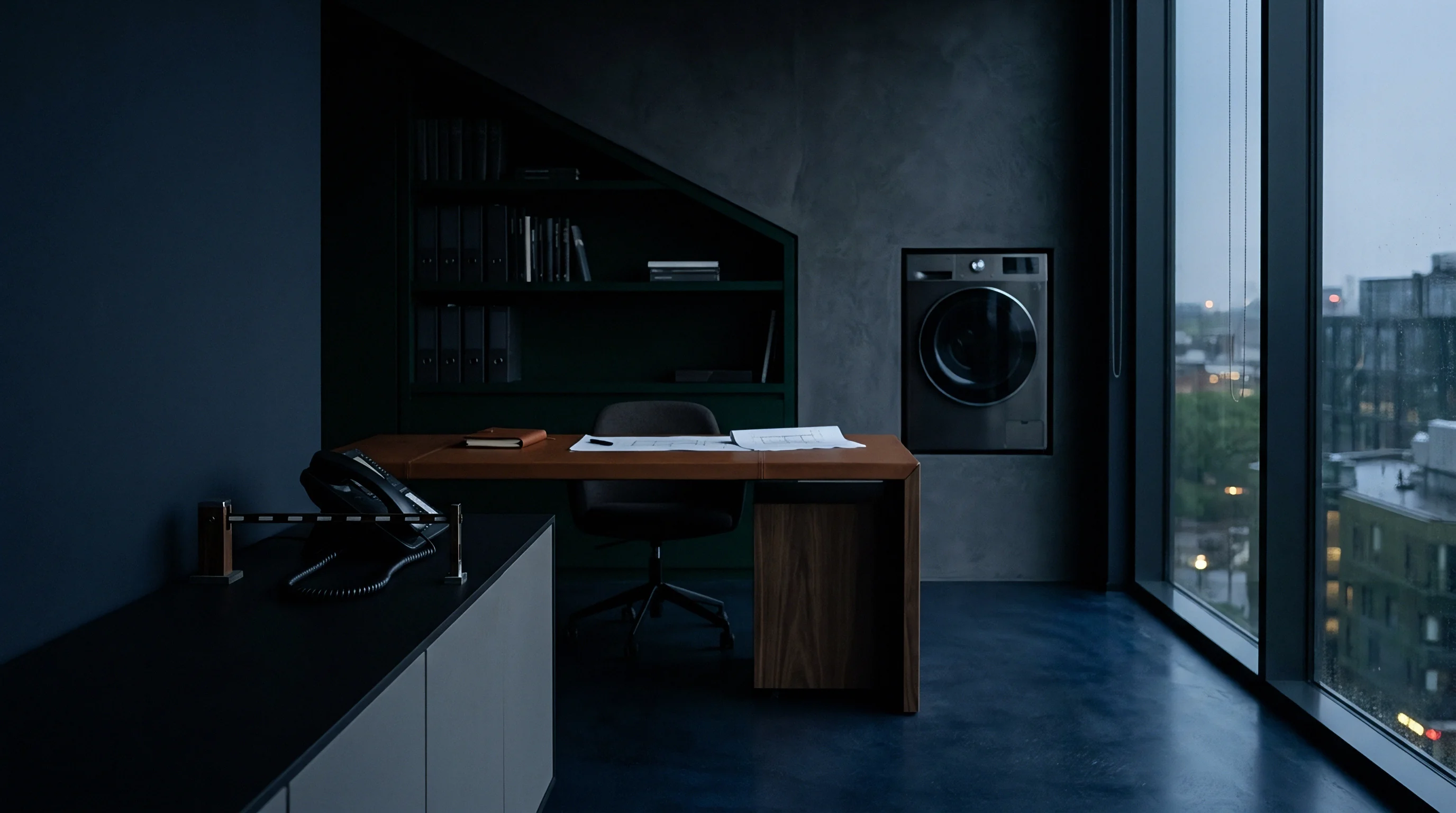 A modern office interior features a desk and integrated wall mounted production equipment overlooking a dense urban exterior at dusk.