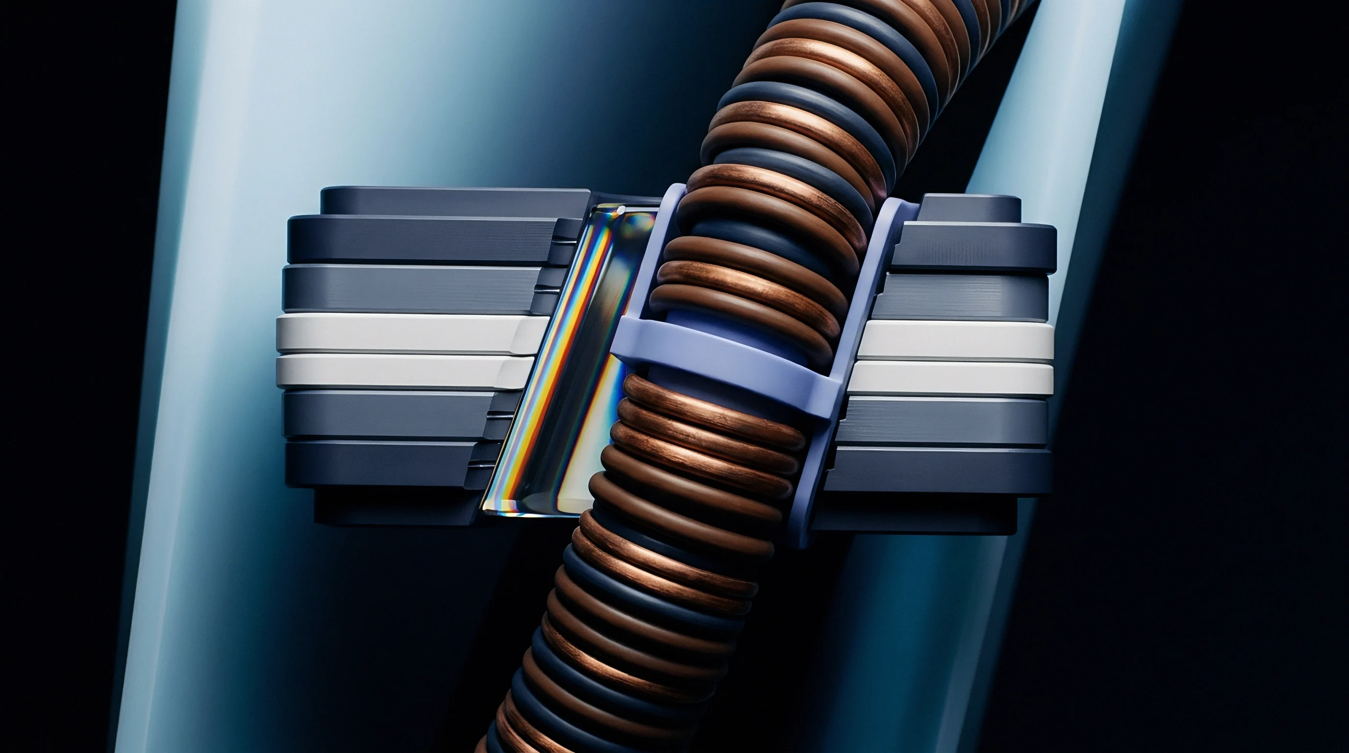 The industrial image displays a copper and dark conduit system fastened by a connecting clamp to a stack of modular structural elements.