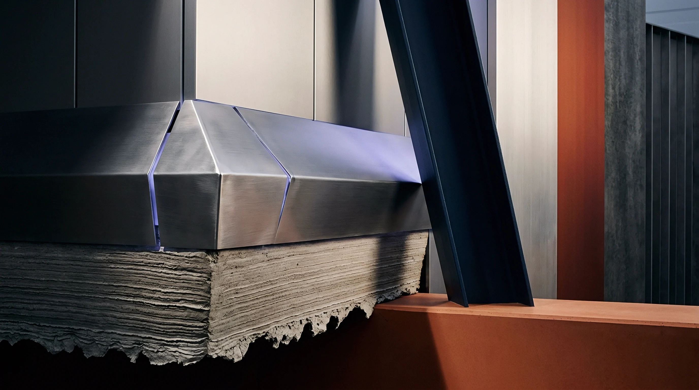 Textured extruded strata support precision folded metallic panels beneath a dark structural steel beam and terracotta elements inside a facility.