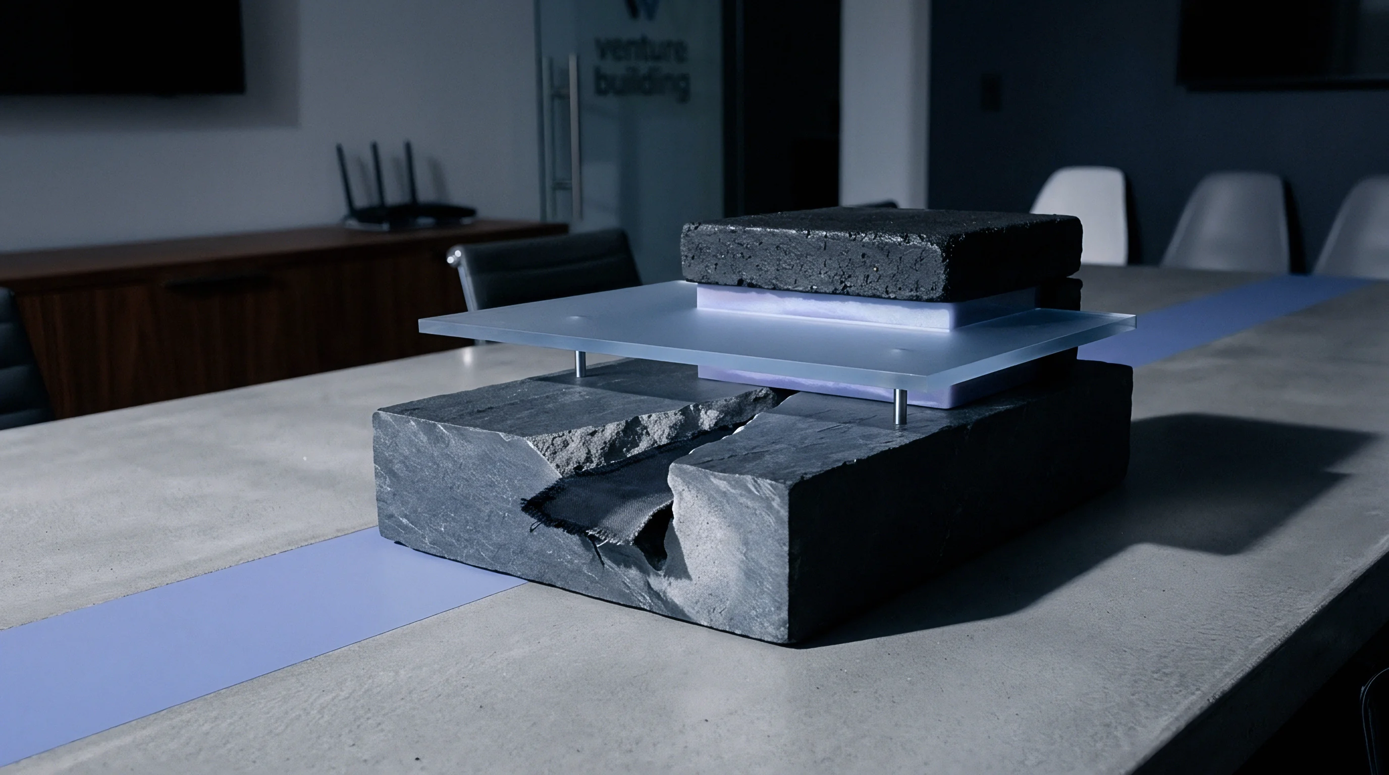 A layered cross section model composed of fractured stone and synthetic materials sits on a polished surface within a boardroom environment.