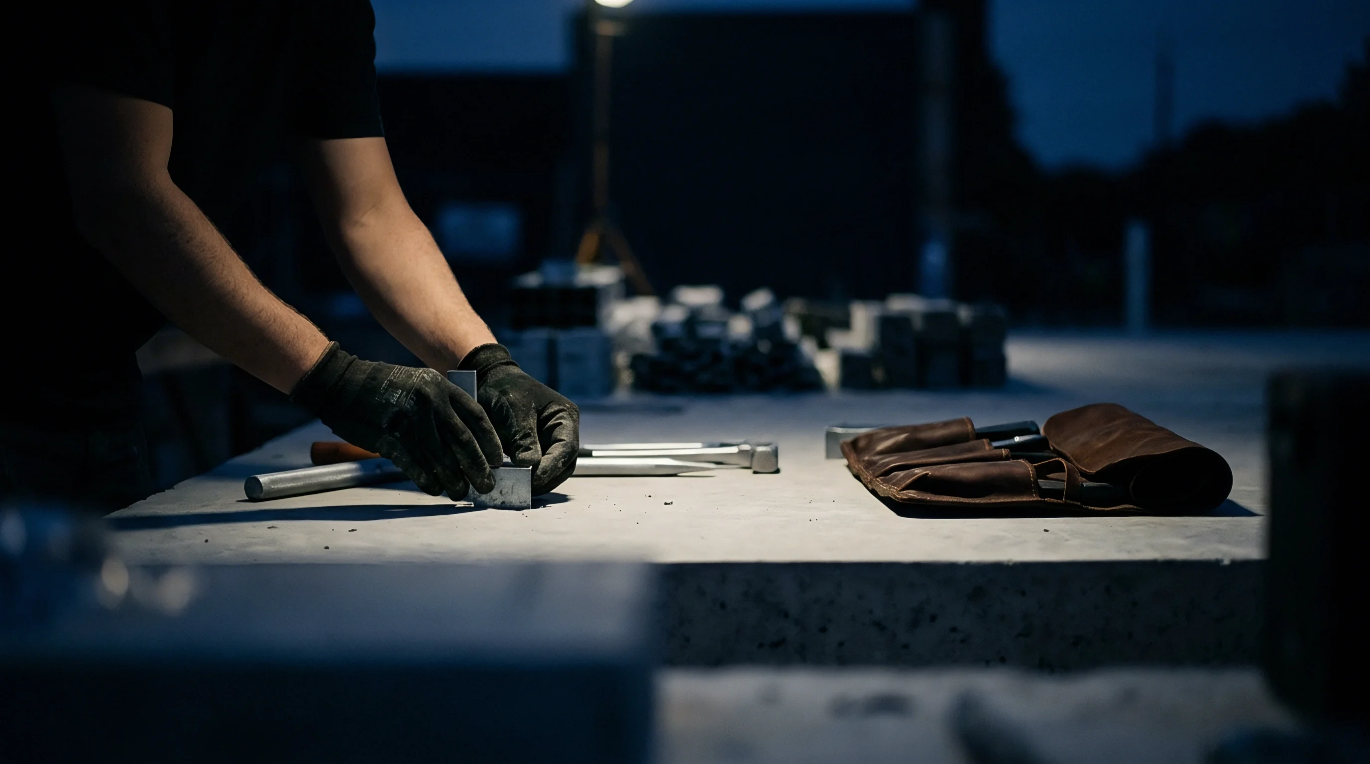Gloved hands of a worker organize metal components and tools on a concrete workbench in a dimly lit outdoor assembly area.