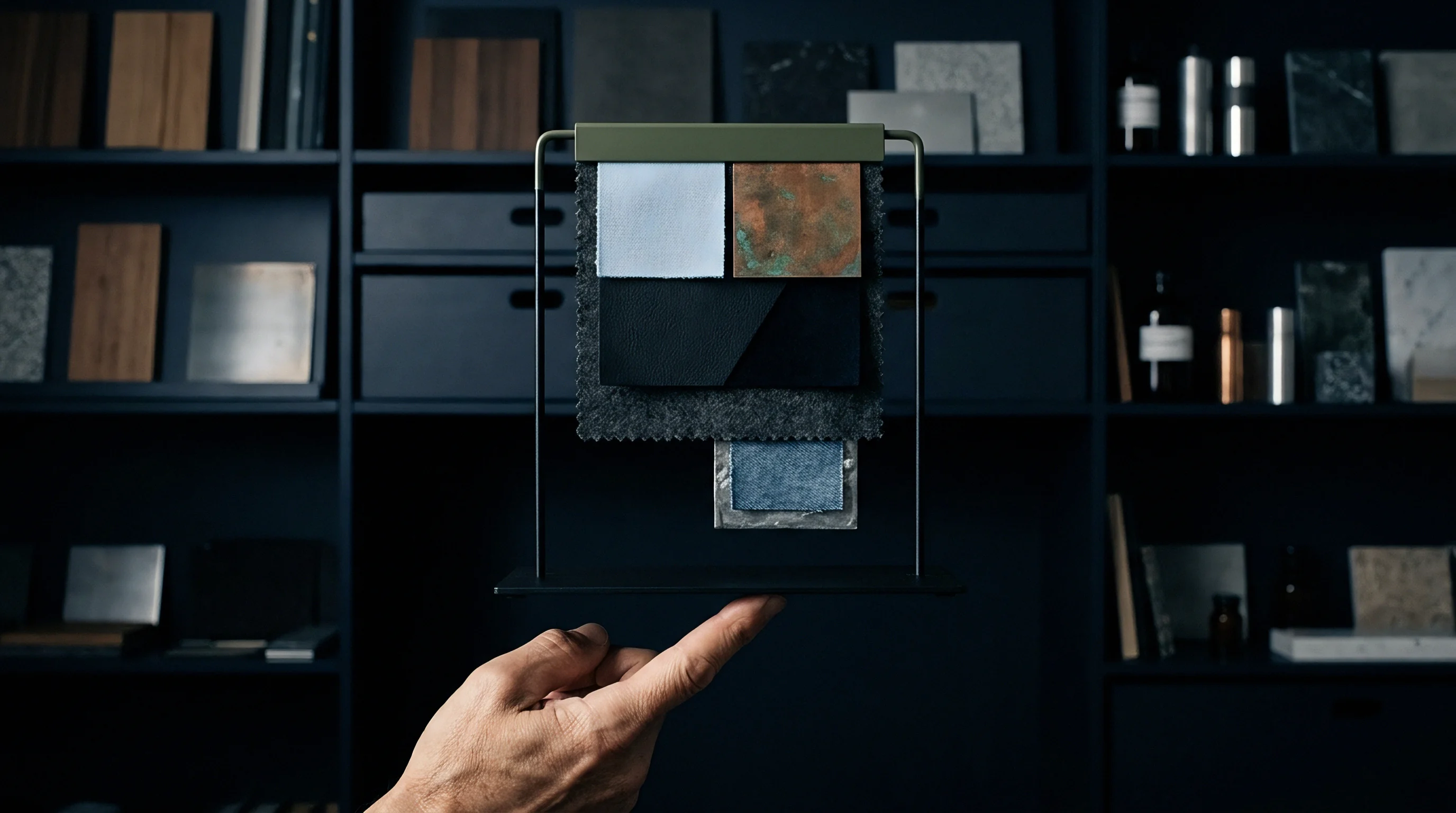 A hand balances a black metal display frame holding diverse rectangular textile and finish samples in a workshop with organized material shelves.