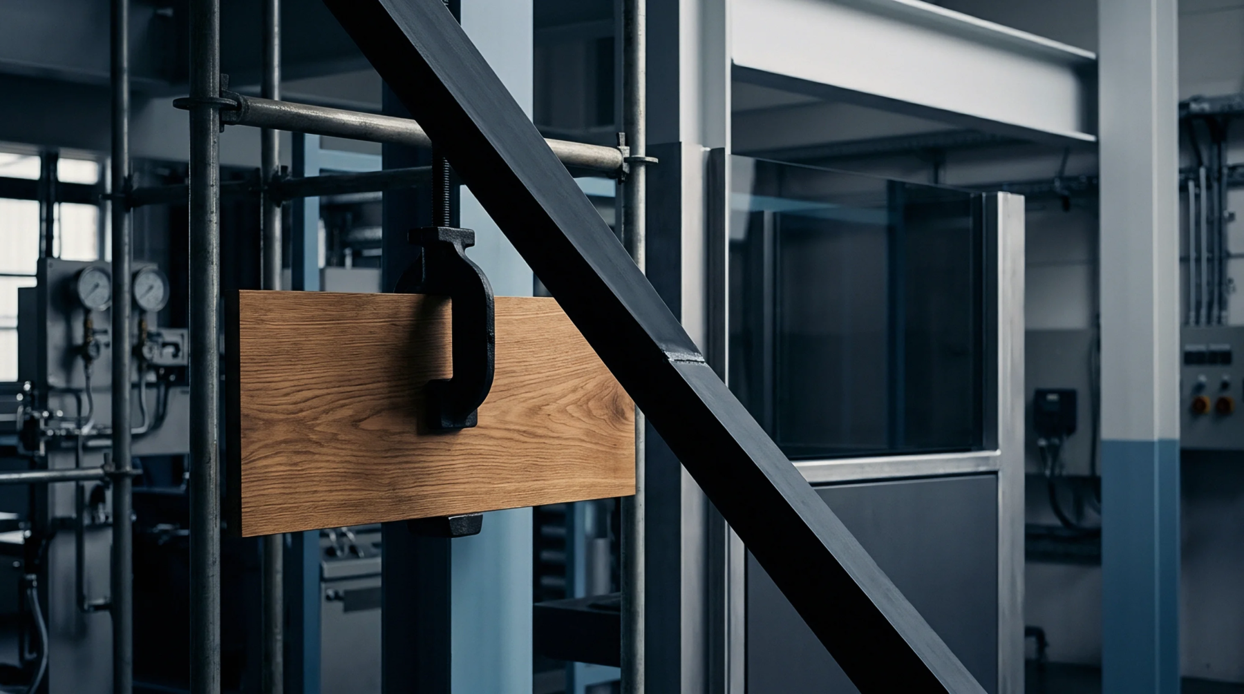An oak plank remains secured by a heavy iron clamp within an industrial factory environment characterized by steel framework and precision measurement gauges.