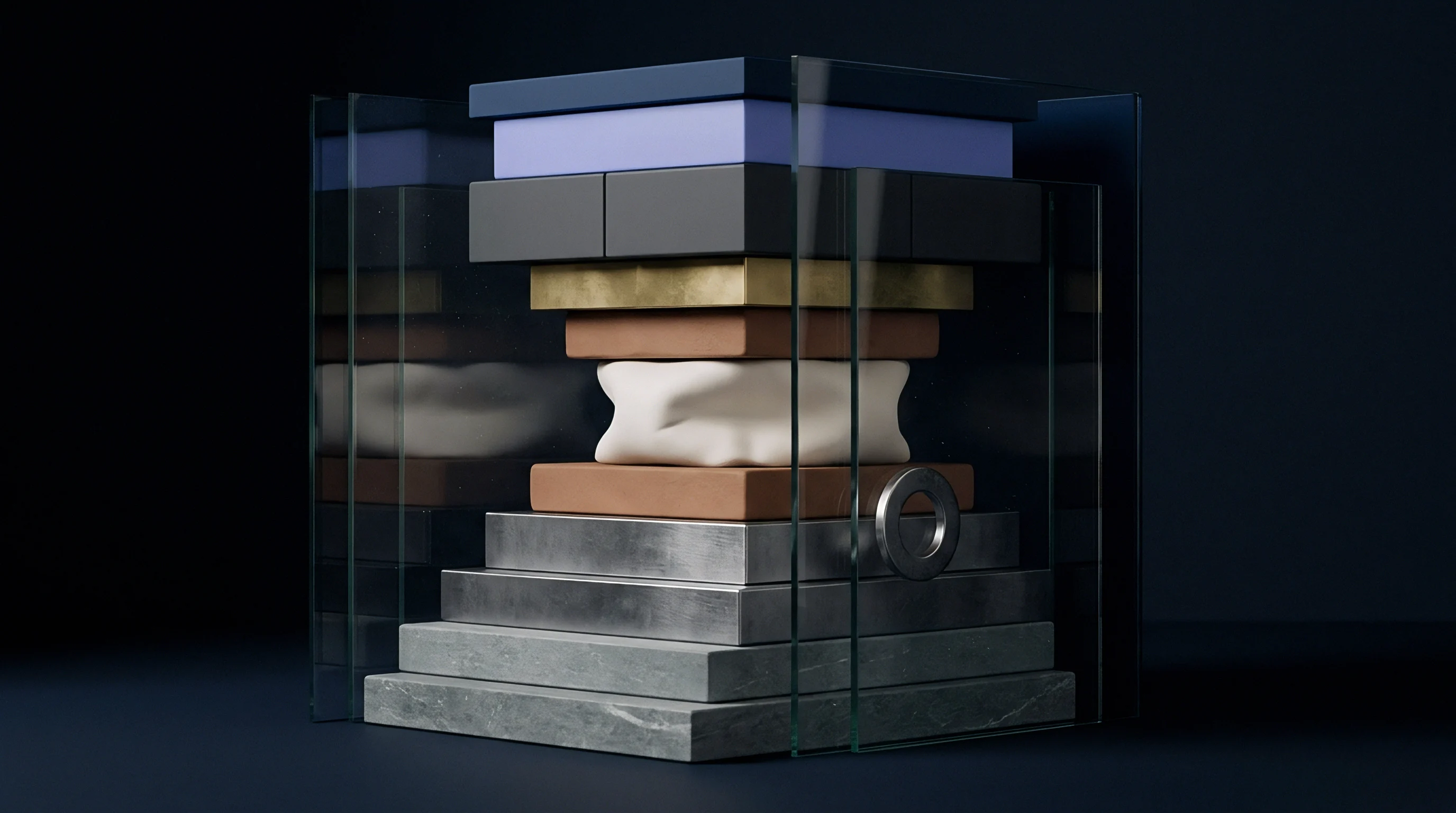 An illustrative render displays stacked blocks of diverse materials and a compressed cushion within a clear glass enclosure.