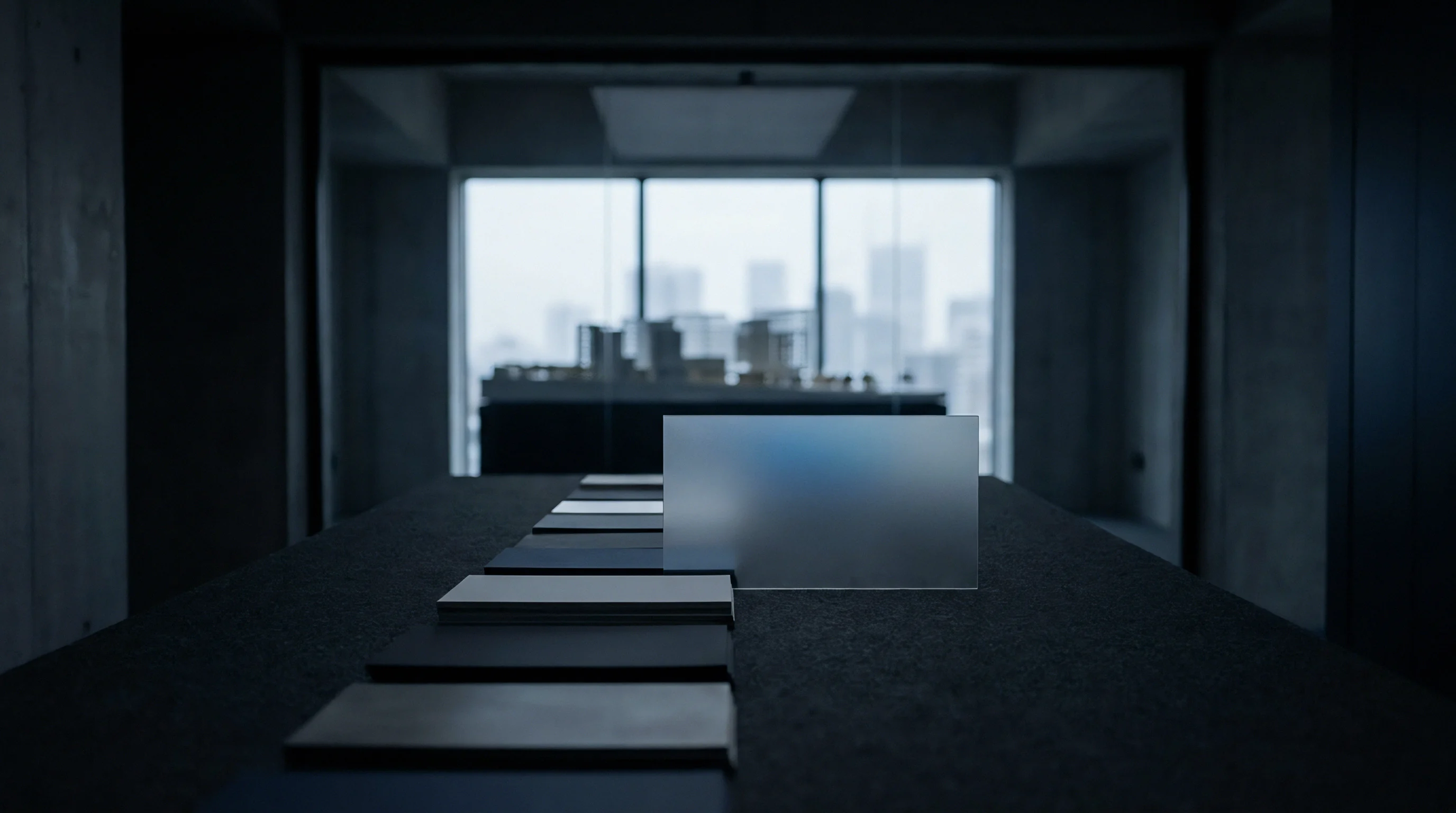 Rectangular material swatches rest on a dark workstation surface before a frosted glass partition and an architectural model visible against a distant city skyline.
