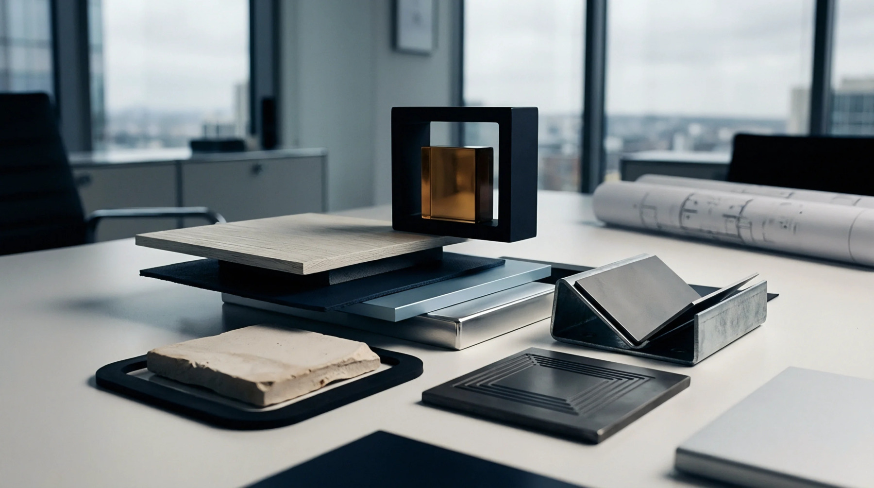 Architectural blueprints, stone tile, metal plates, and wooden laminate stack on a white conference table inside a manufacturing office.