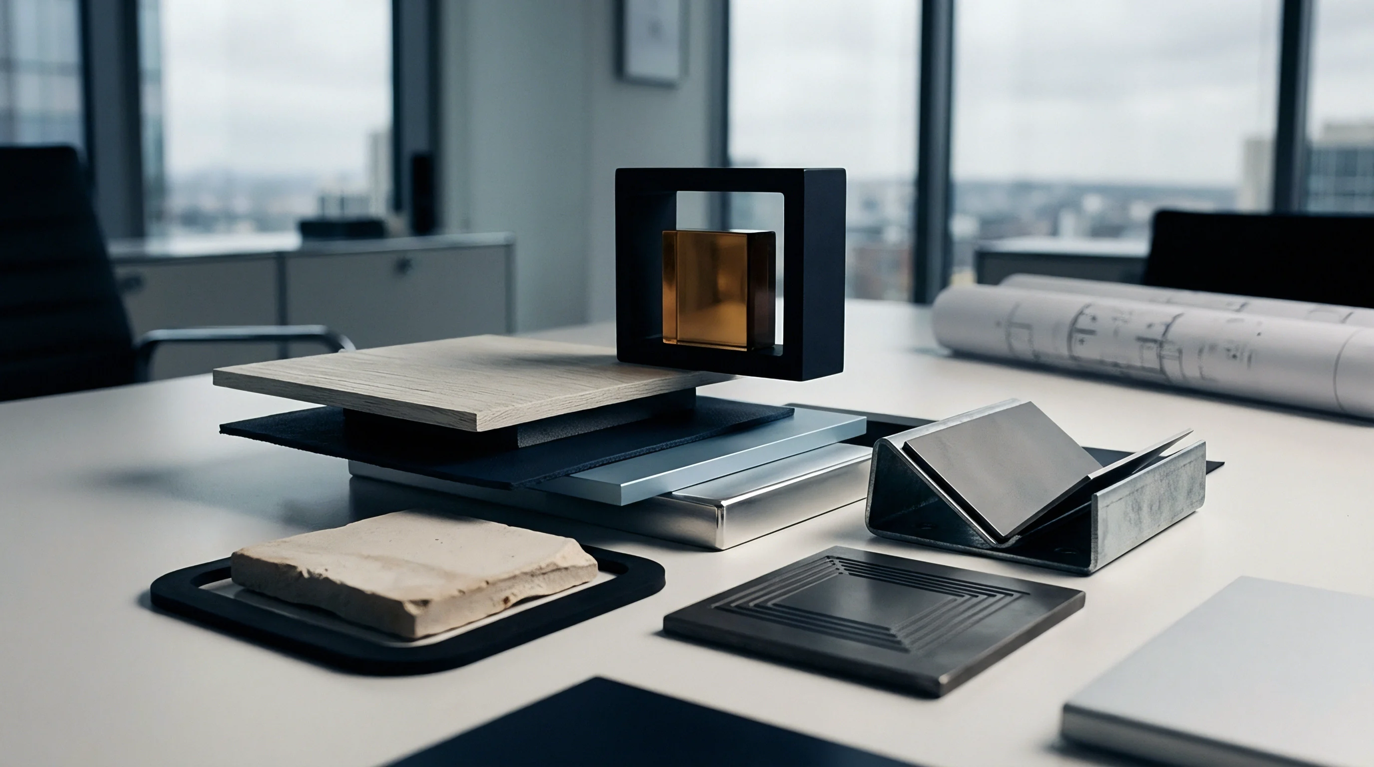 Architectural blueprints, stone tile, metal plates, and wooden laminate stack on a white conference table inside a manufacturing office.