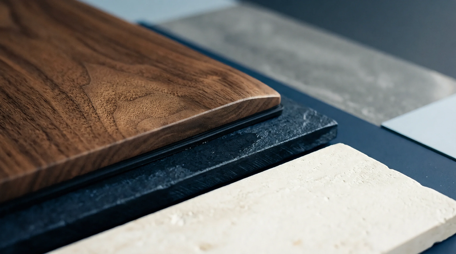 Walnut veneer sits atop layered black stone and pale travertine blocks alongside a neutral concrete slab used for architectural specification and sourcing.