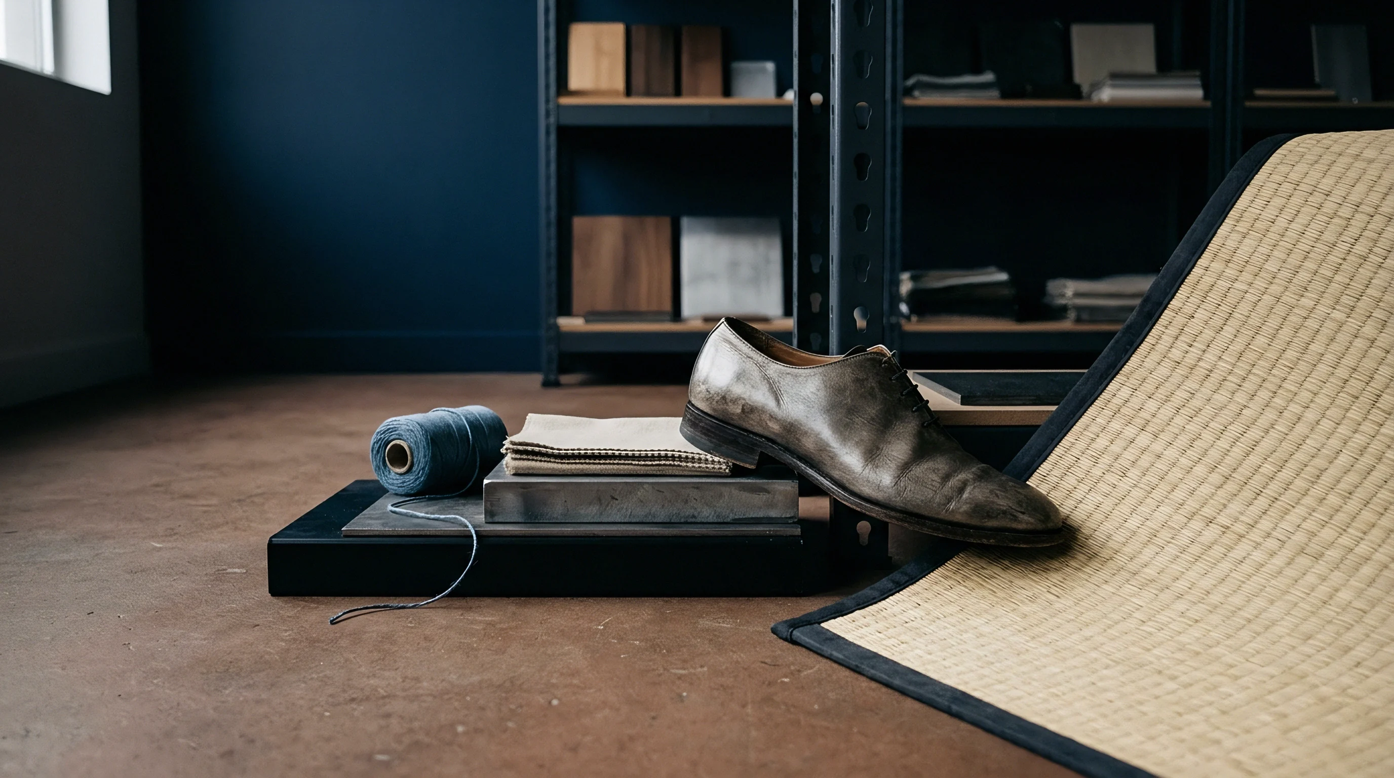 Layered metal and textile samples support a leather oxford shoe next to sewing thread within a professional industrial workshop setting.