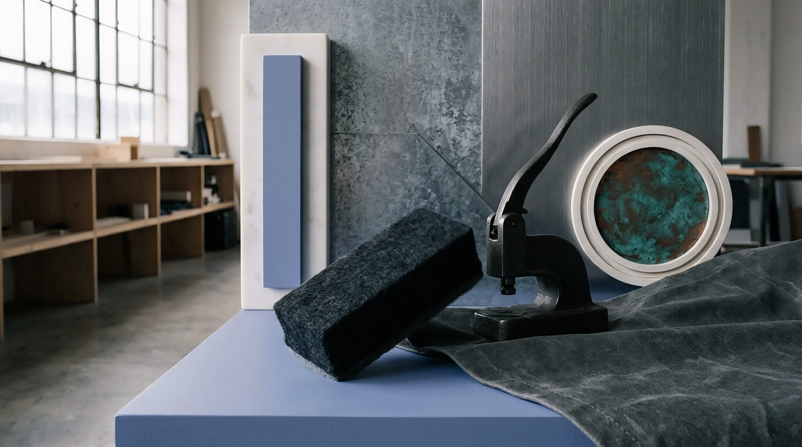 An arrangement of diverse industrial material samples and production tools rests upon a pale blue surface in a brightly lit workshop.