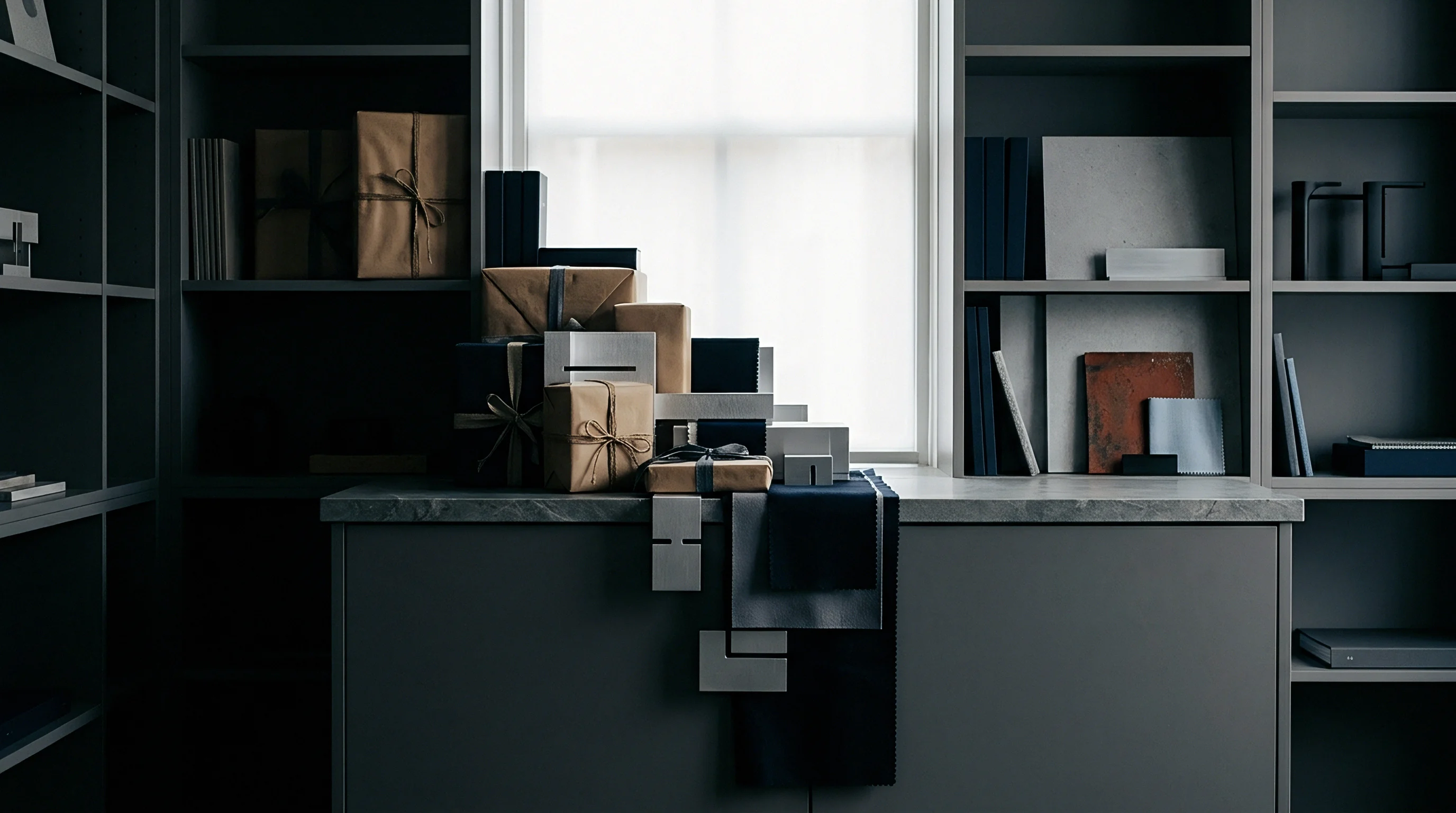 Physical samples of textiles and industrial components sit neatly arranged on a gray countertop within an architectural design office studio.