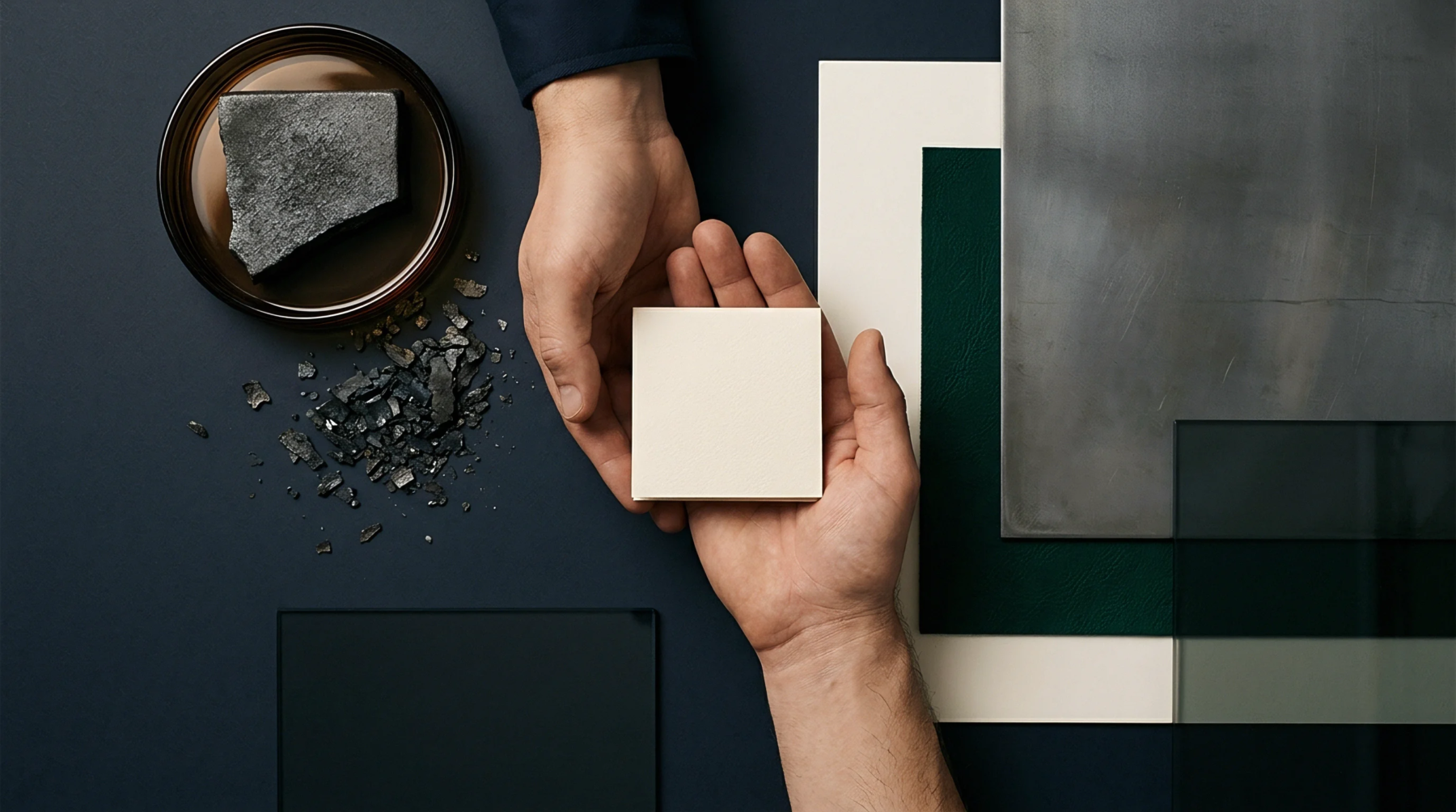 Two hands hold a square ivory architectural sample over a dark navy surface surrounded by slate fragments and layered metallic panels.