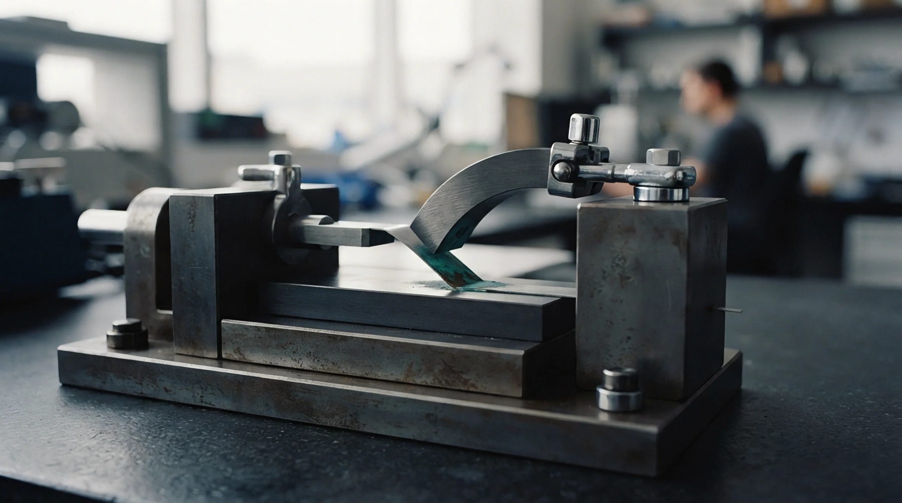 A robust metal testing fixture applies force to deform a thin, greenish material strip within a controlled laboratory or production environment.