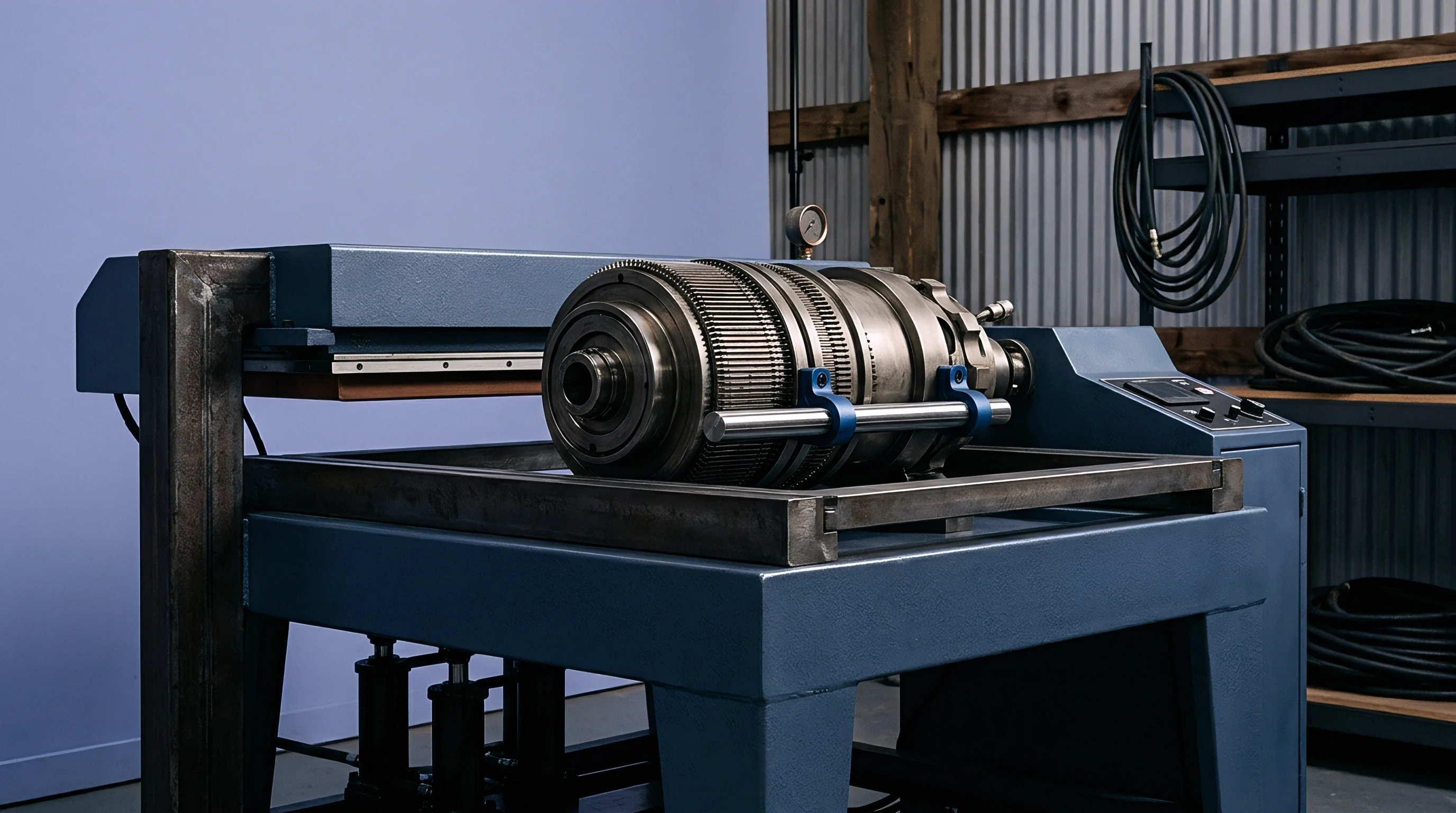 Metal transmission component mounted inside an industrial hydraulic press situated within a manufacturing workshop featuring a steel workbench.