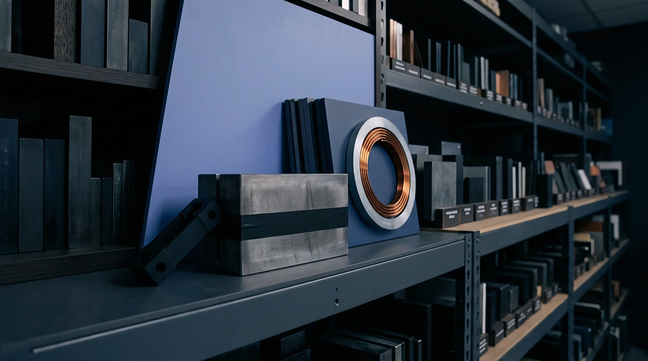 Industrial racking units display organized metal components, blue backing plates, and copper electrical windings ready for cross border assembly and large scale production.