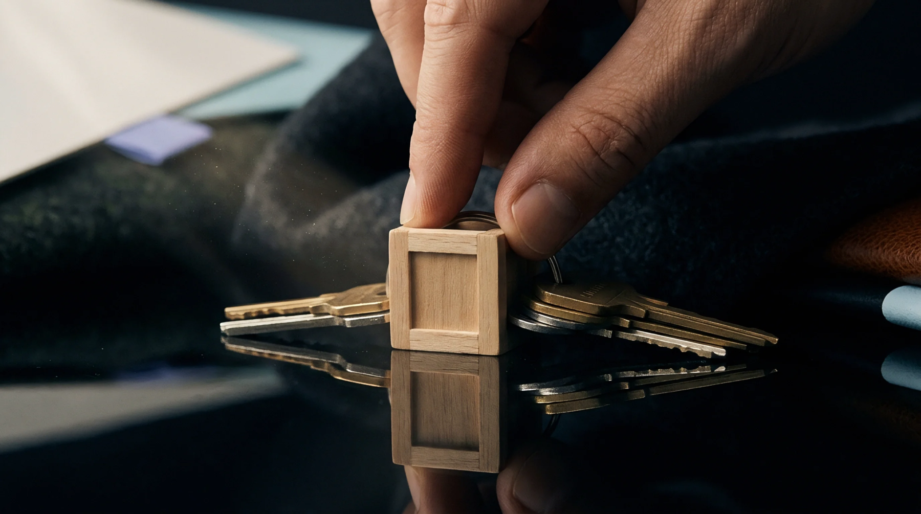 A hand holds a small wooden crate keychain with multiple metal keys on a dark reflective surface.