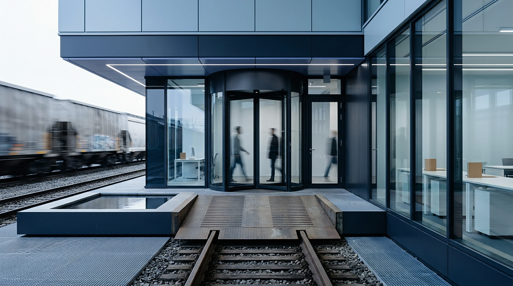A contemporary corporate building features a glass facade and revolving door alongside active railway tracks with a passing freight train.