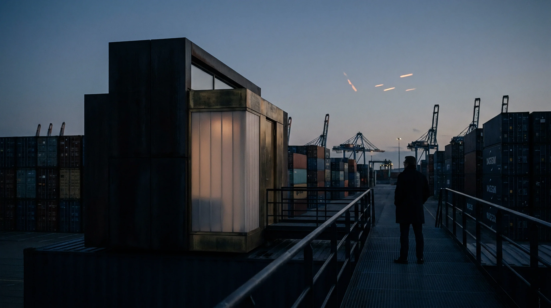 A solitary, illuminated modular enclosure stands elevated on a metal platform amidst a vast expanse of stacked steel shipping containers during the twilight hours.