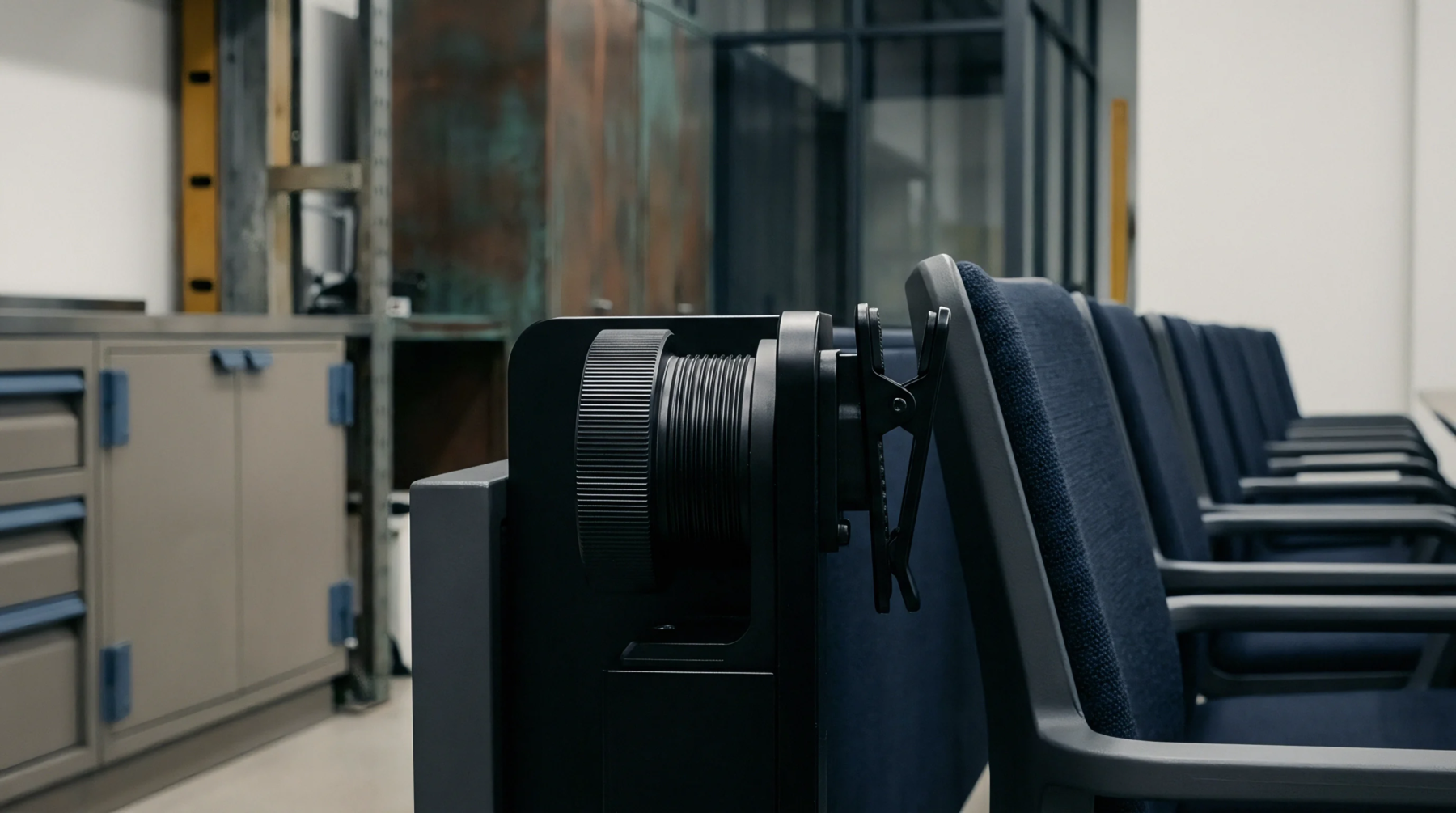A sequence of upholstered modular auditorium chairs with dark composite frames extends across a brightly lit industrial production facility floor.