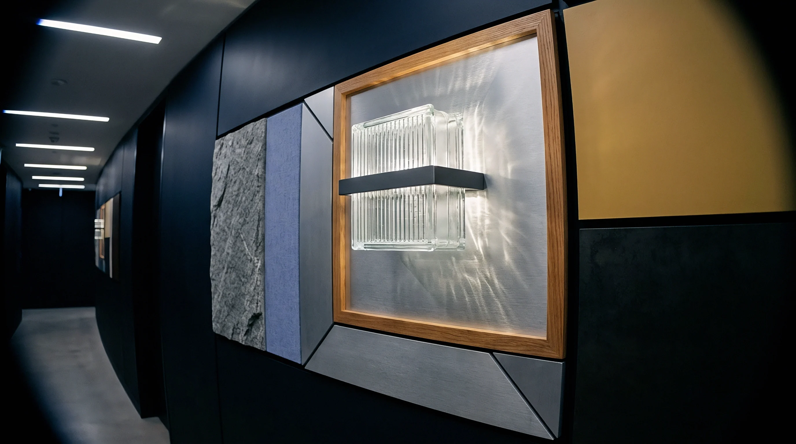 Architectural finish panels featuring textured stone metal wood framed glass blocks and colored laminates mount along an industrial product showroom wall.