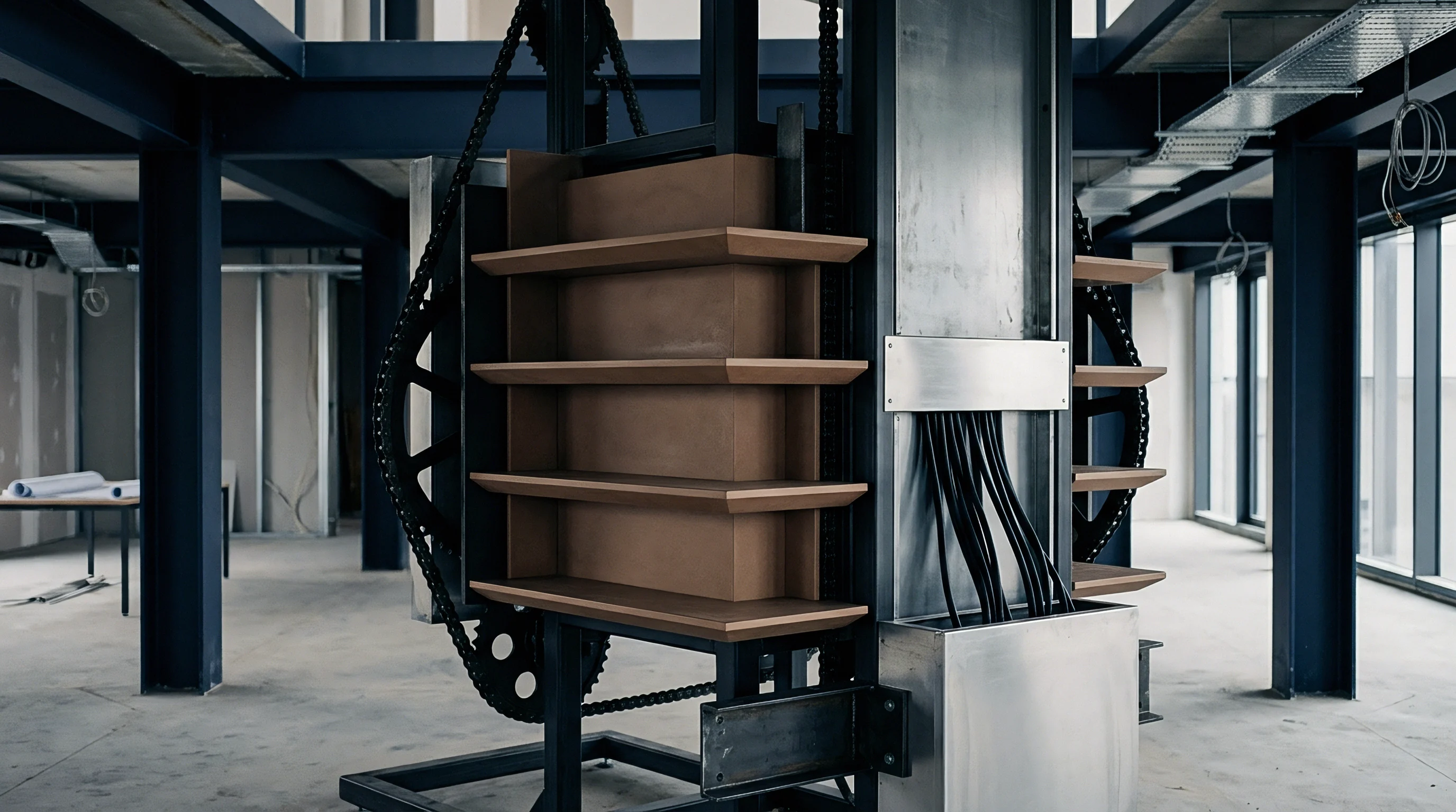 A heavy duty vertical storage carousel mechanism stands installed within an unfinished steel frame manufacturing facility featuring concrete flooring.