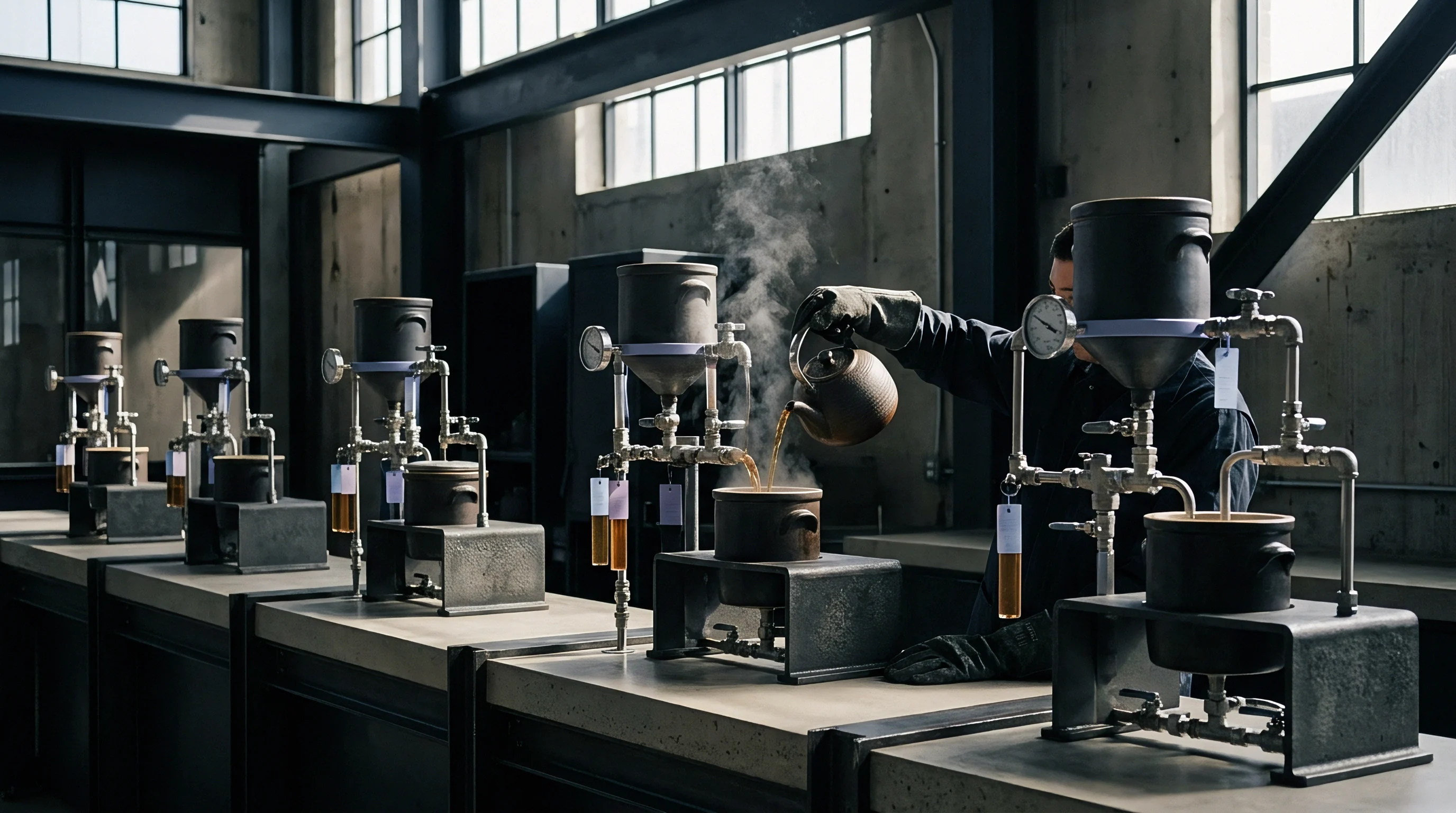 A digital render presents multiple modular stations with metal piping and ceramic vessels along a concrete workbench inside an industrial manufacturing workshop.