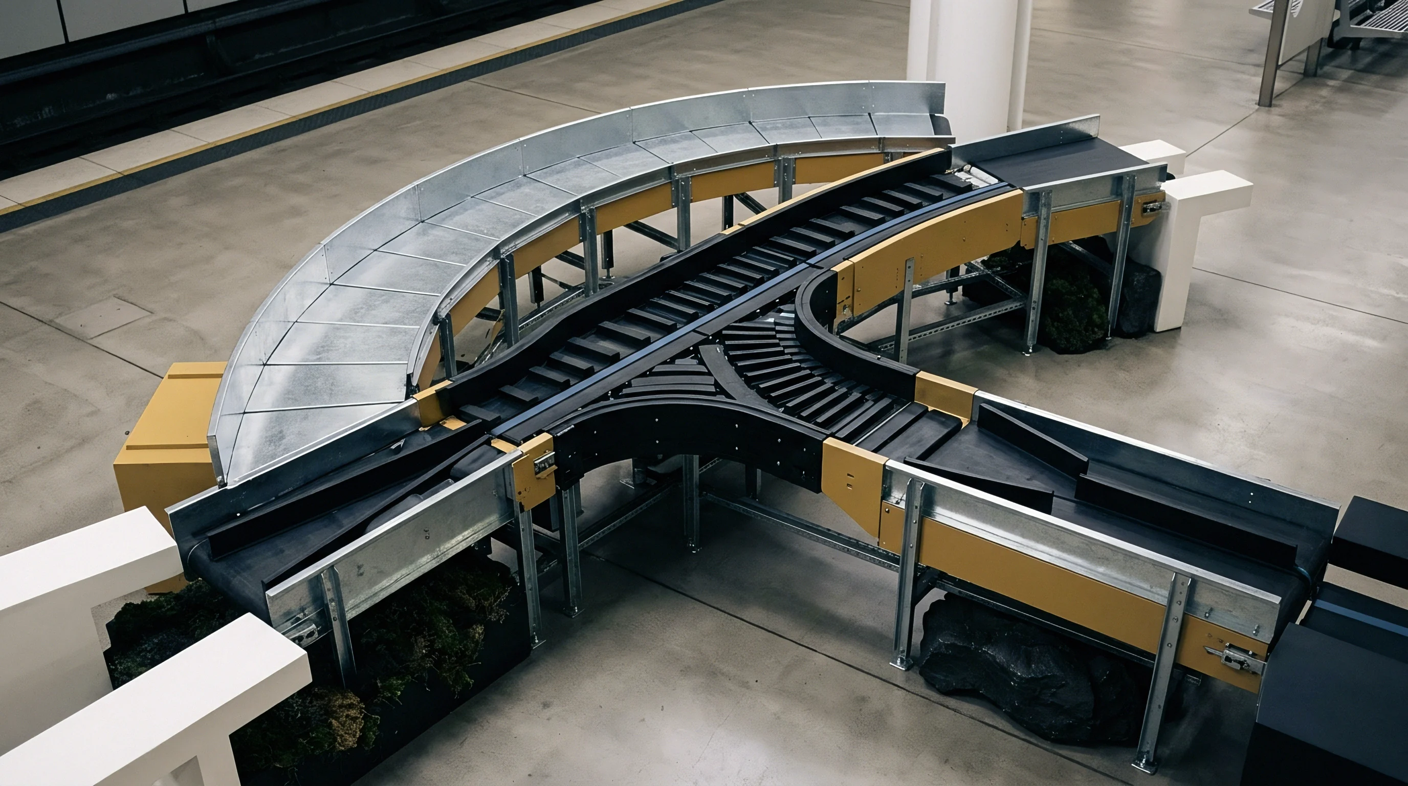 Modular conveyor belt sections with a T junction diverter rest on structural frames above dark decorative fill on a grey concrete warehouse floor.
