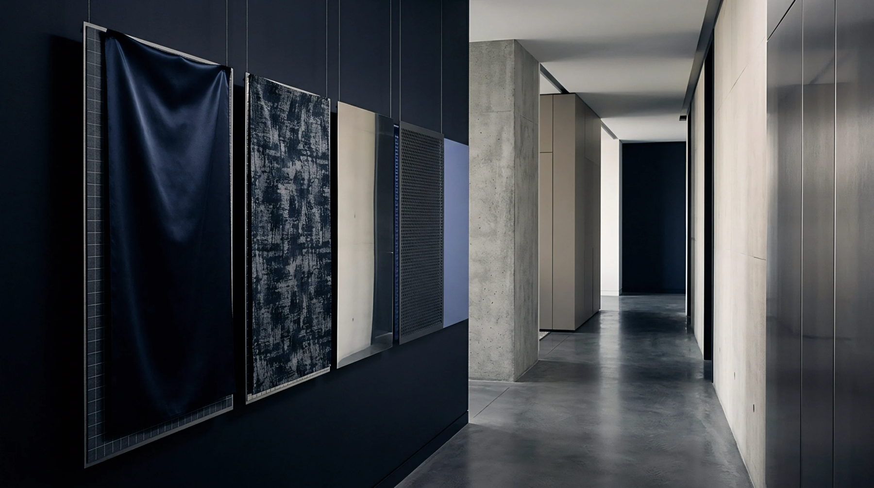 Multiple framed panels featuring varied industrial materials and textile samples hang within a minimalist, expansive interior hallway.