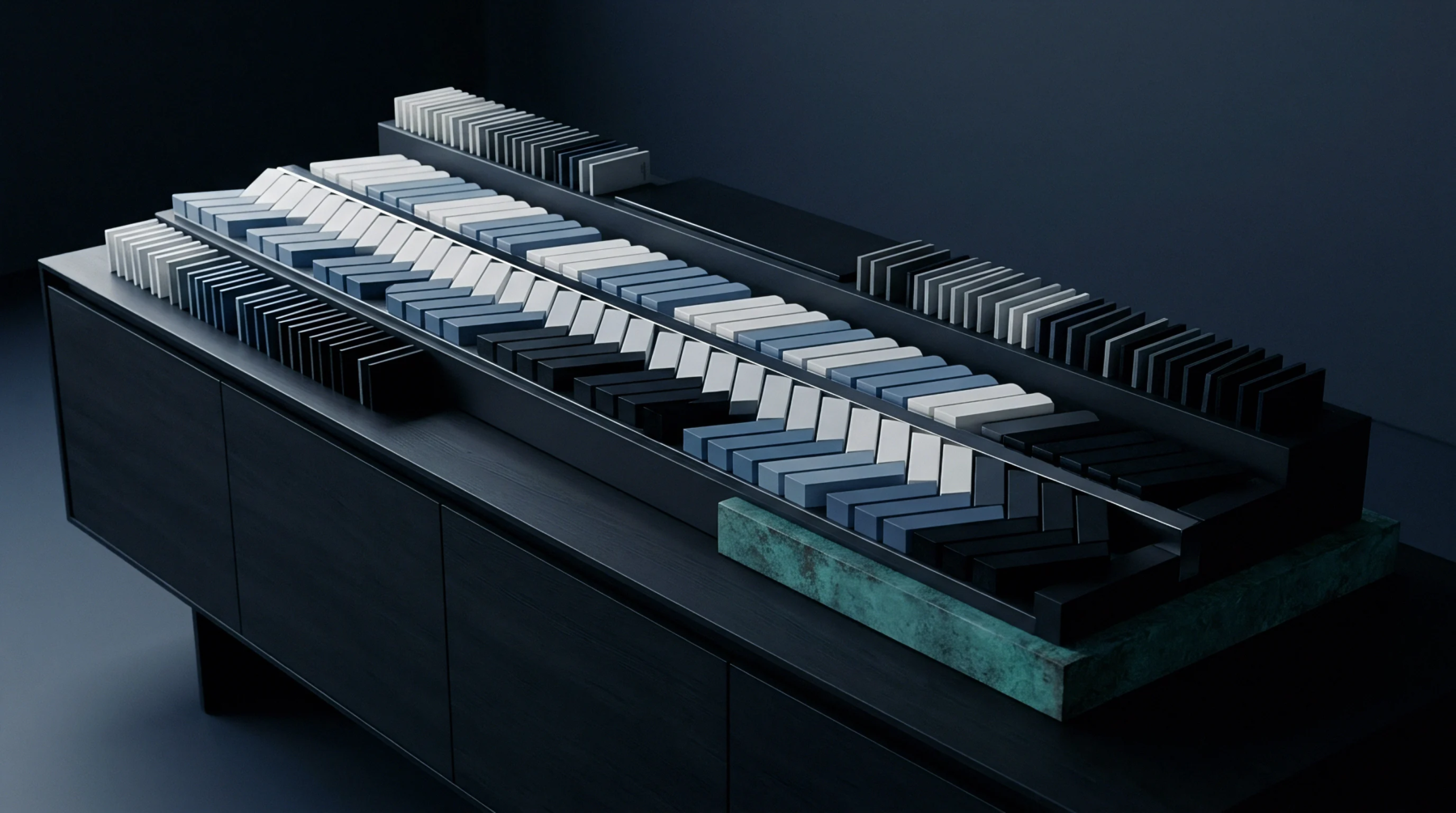 A digital render displays a modular console holding rows of multi-shaded rectangular blocks arranged on a dark wooden cabinet.