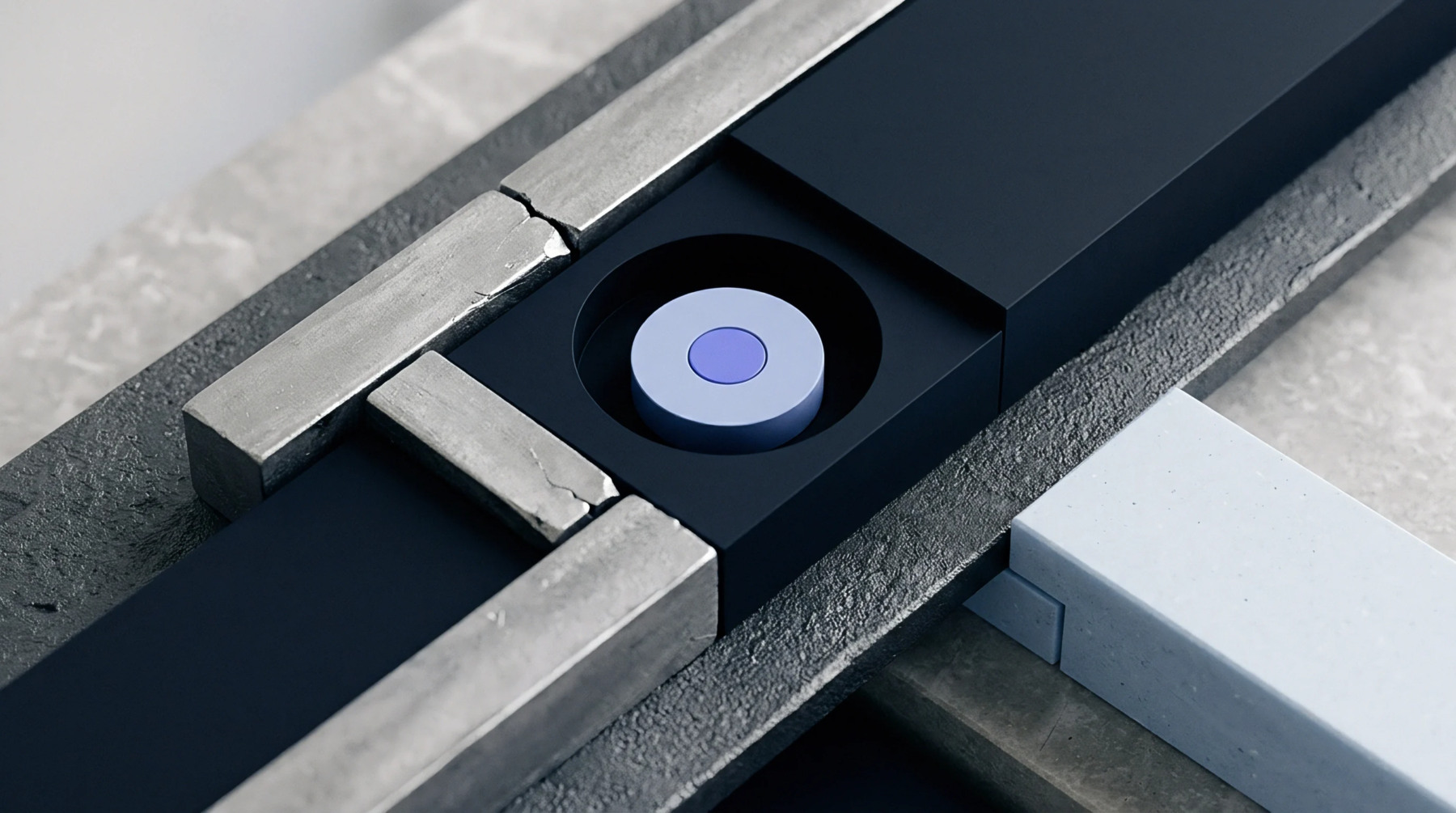 Rough metal bars intersect with a smooth black modular beam featuring a recessed control interface with concentric circular components.