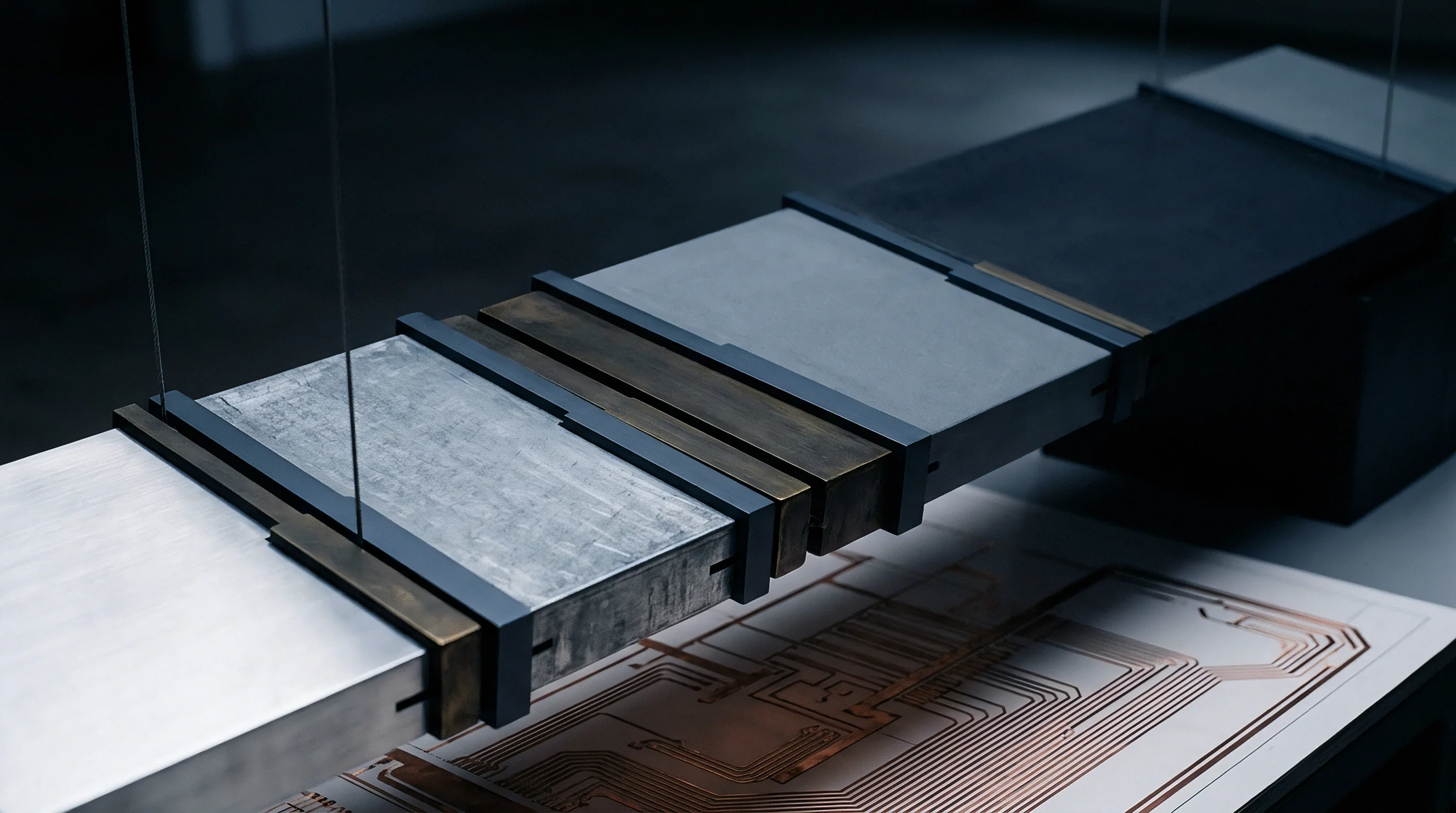 Suspended metallic and composite modular blocks align horizontally above technical layout schematics on a dark surface within a digital render.