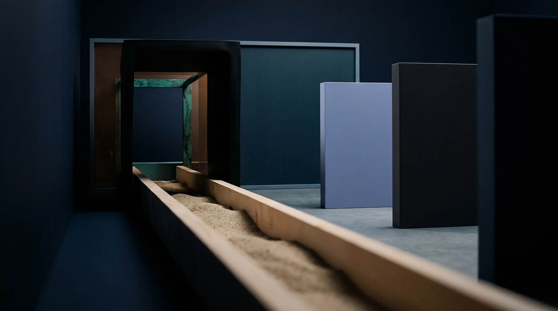 A narrow timber trough containing granular substrate aligns with a darkened portal flanked by monochromatic architectural panels in this digital render.