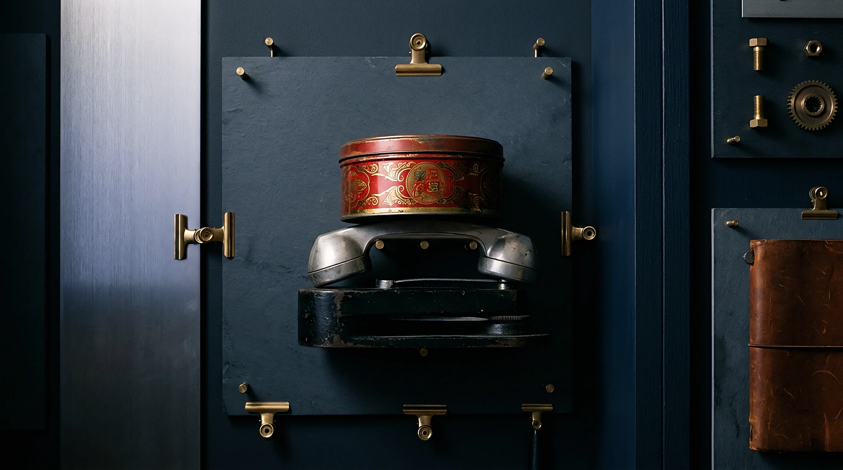A dark slate mounting board secured with brass corner fasteners holds layered industrial objects including a metal tin, handset, and mechanical press base.