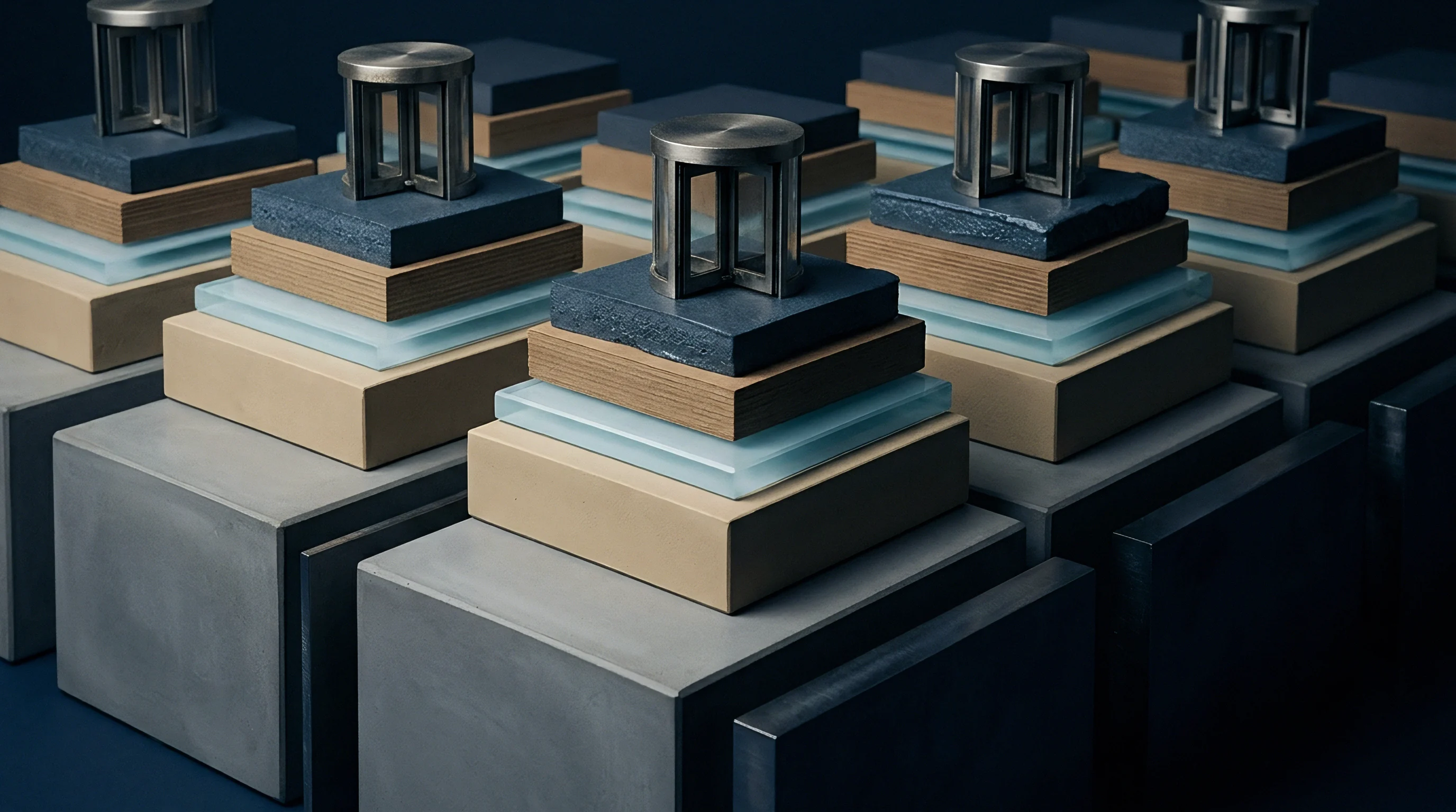 These tiered industrial assemblies feature stacked layers of concrete, timber, polymer, and glass topped by metallic rotating security mechanisms.