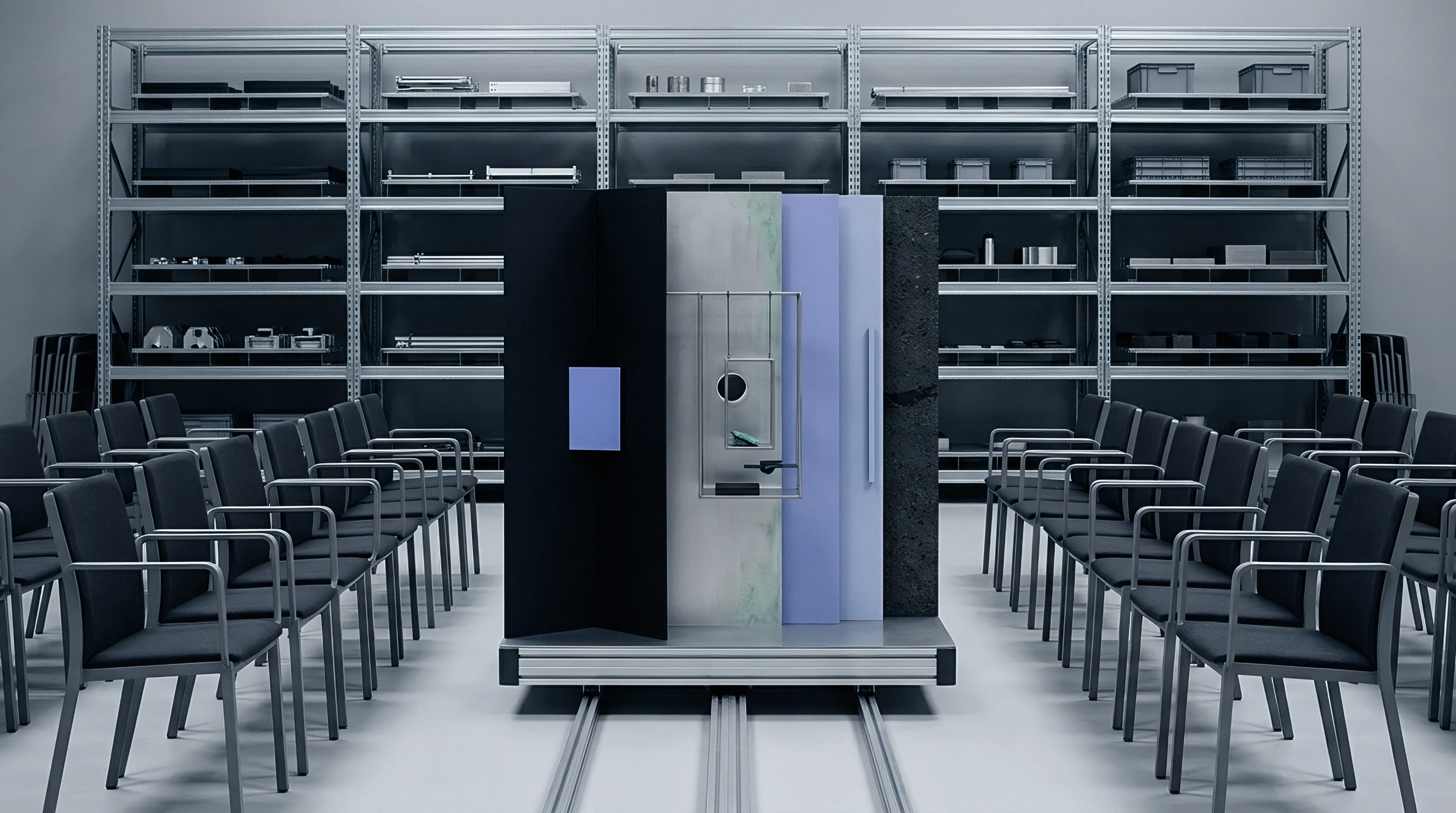 A composite partition system sits on floor tracks between rows of chairs inside a storage facility filled with metal shelving and industrial inventory.